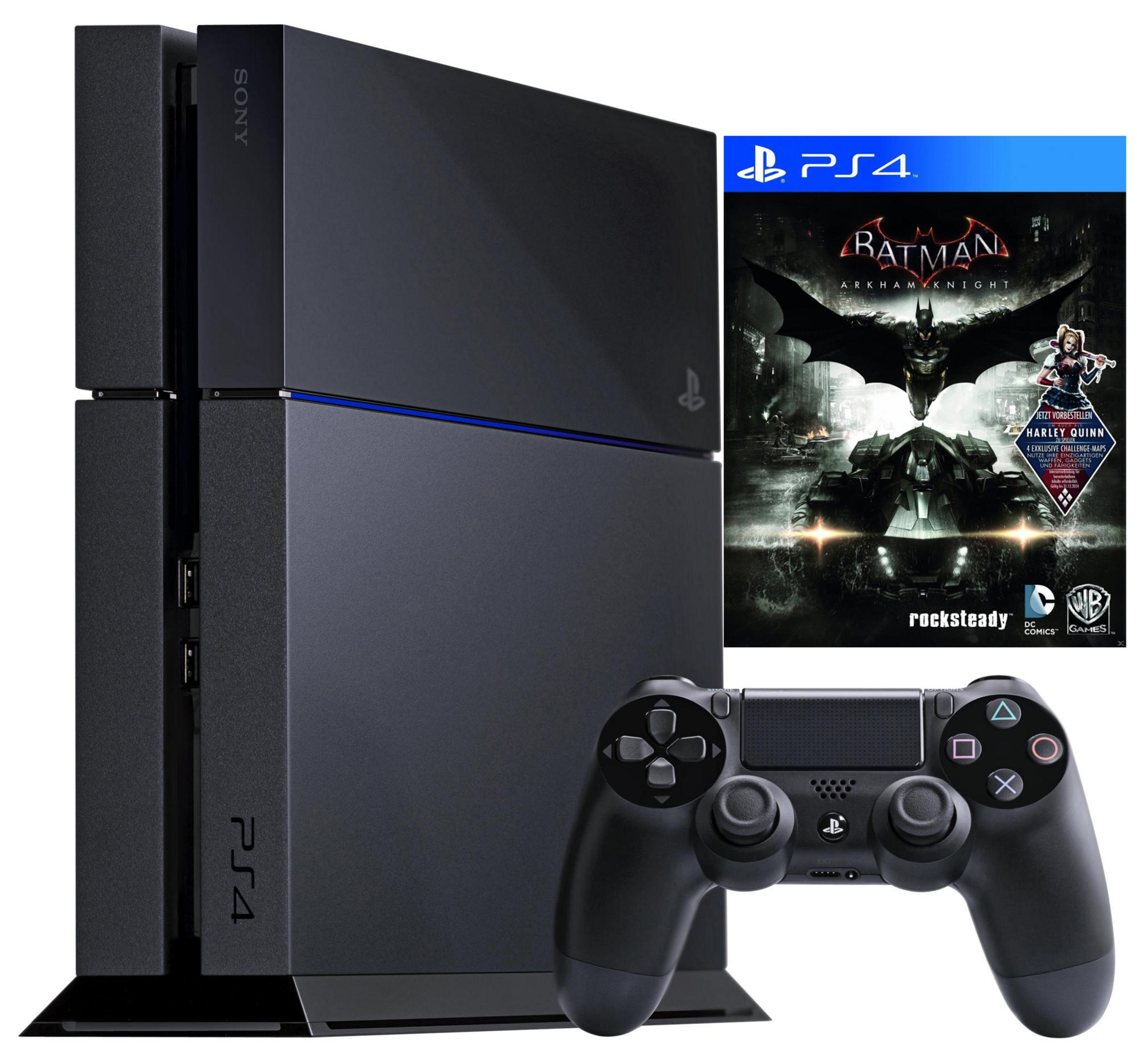 Eine schwarze PlayStation 4-Konsole mit einem Batman-Spiel und -Controller vor weißem Hintergrund, die Gaming-Technologie zeigt.