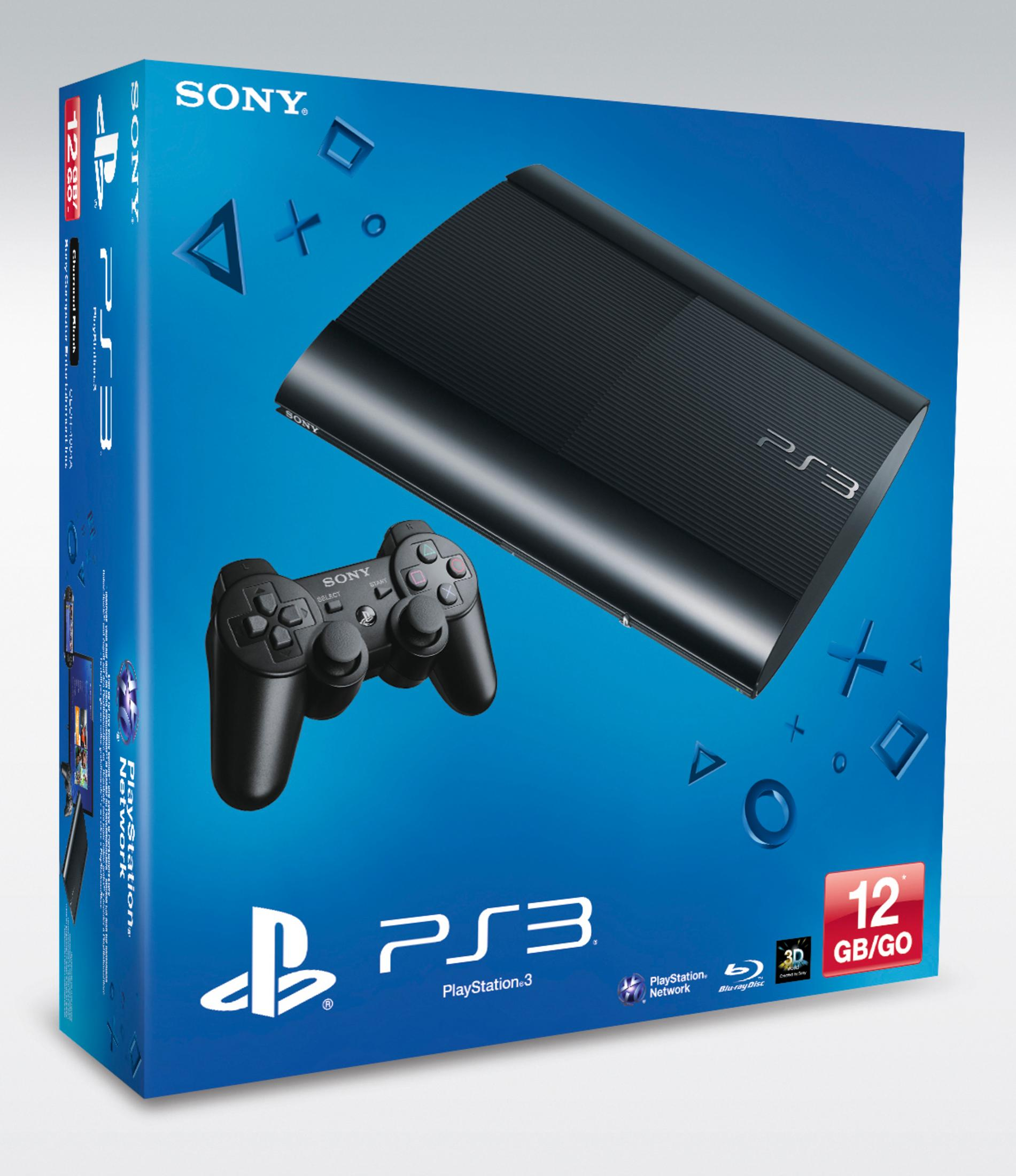 Eine PlayStation 3-Konsolenbox mit der Konsole, dem Controller und dem PlayStation Network-Branding auf blauem Hintergrund.
