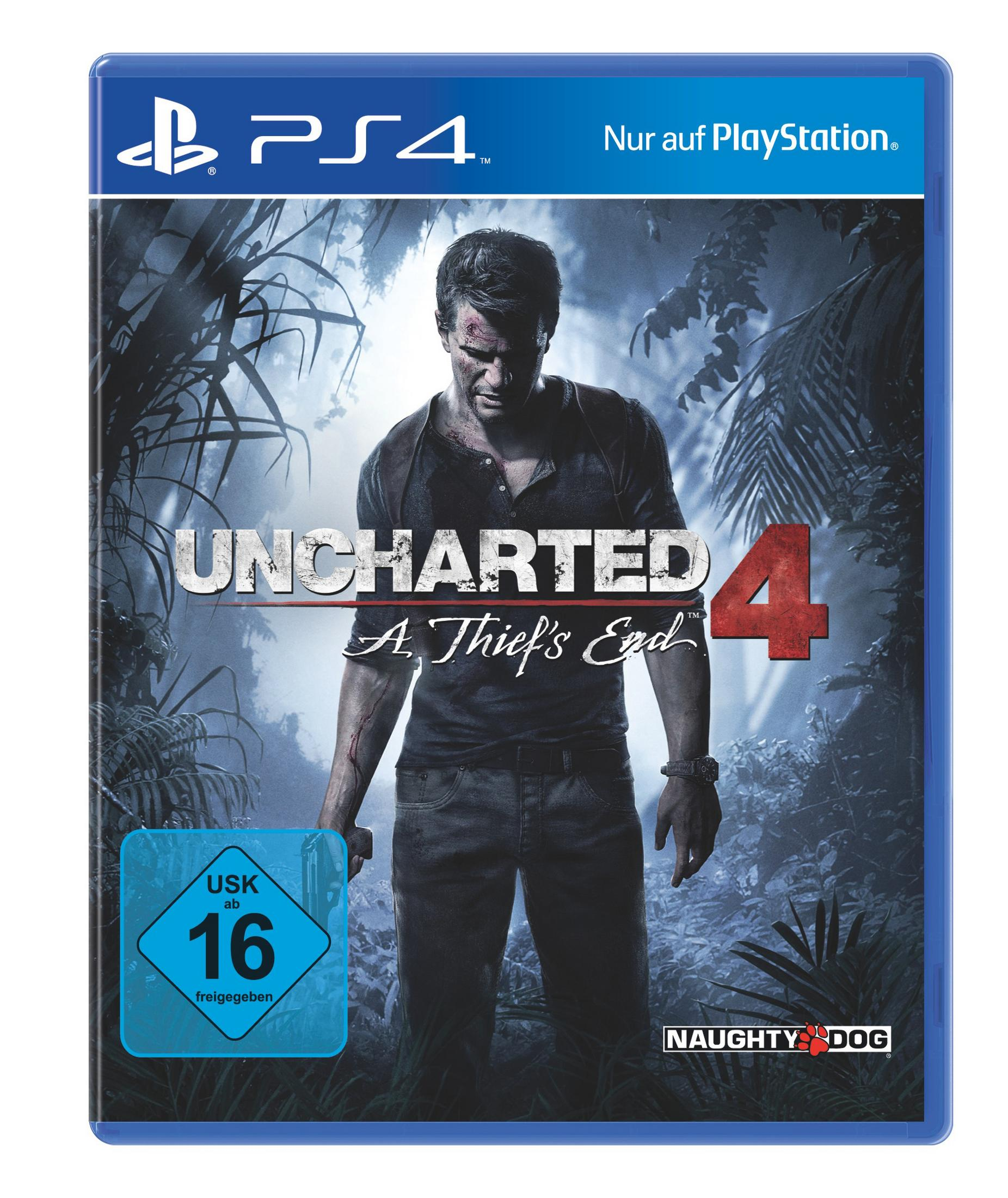Uncharted 4-Spielcover mit Nathan Drake im Dschungel, mit prominent platziertem Spiellogo.
