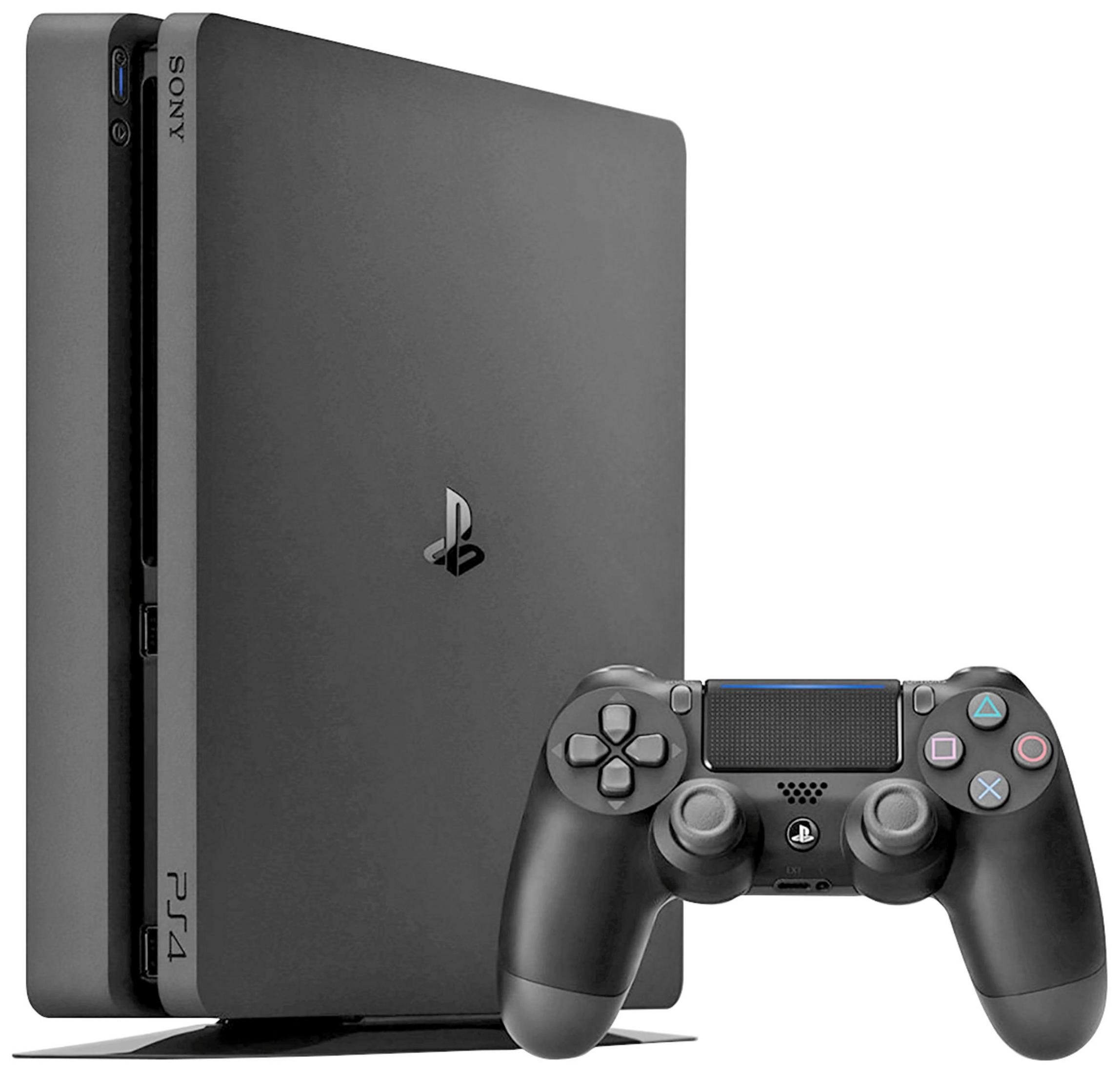 Schwarze PlayStation 4-Konsole mit einem DualShock 4-Controller. Die Konsole ist elegant und der Controller ist im Fokus.