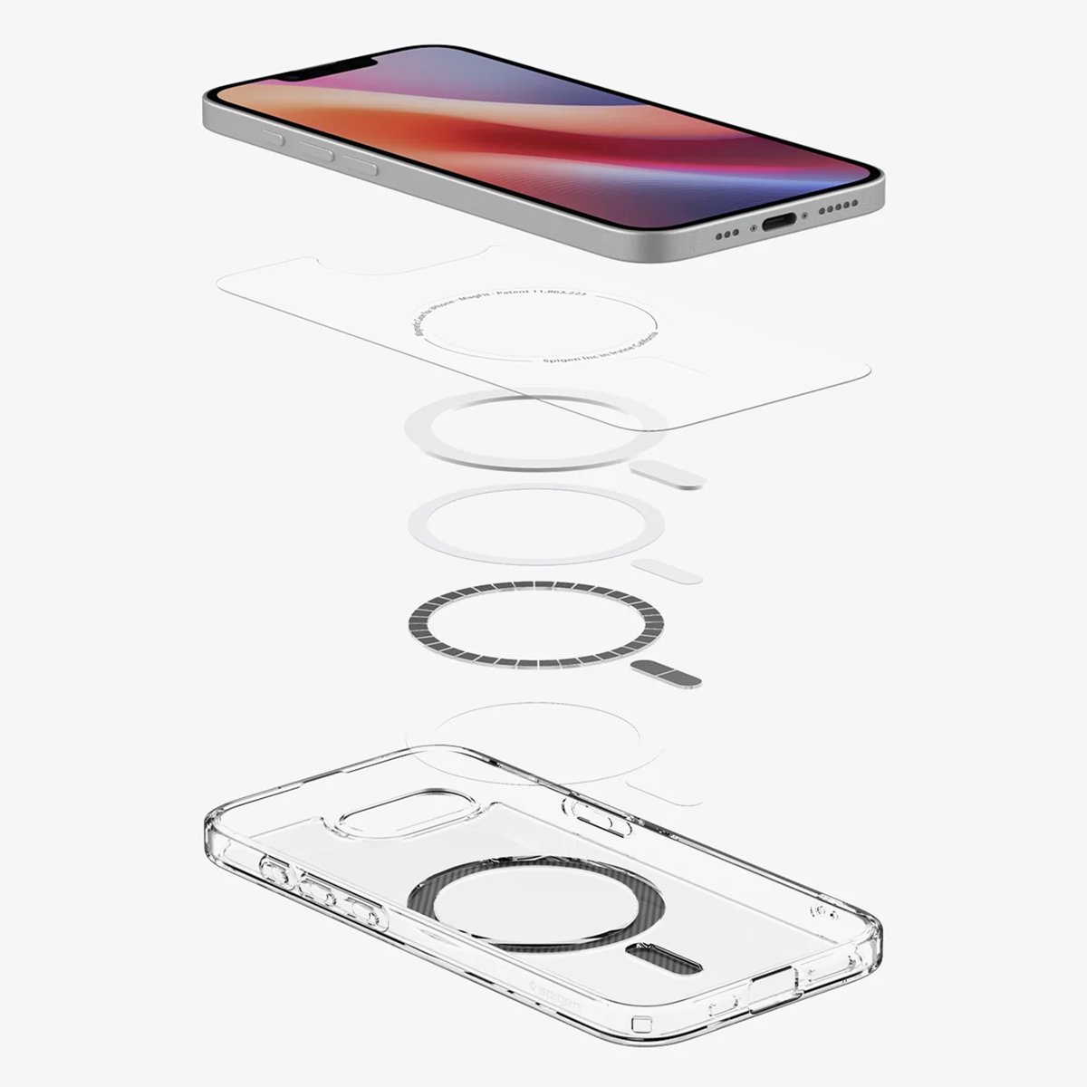 Exploded view van een doorzichtig telefoonhoesje met MagSafe, met de hoes, MagSafe-componenten en een telefoon die erboven zweeft.