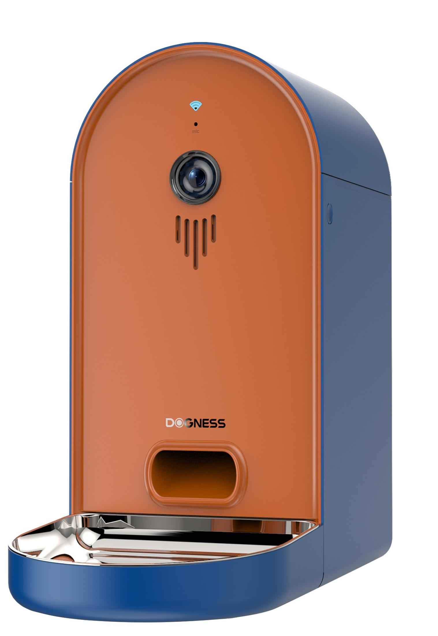 Orangefarbener und blauer Dogness-Futterautomat für Haustiere mit Kamera und Edelstahlnapf auf weißem Hintergrund.