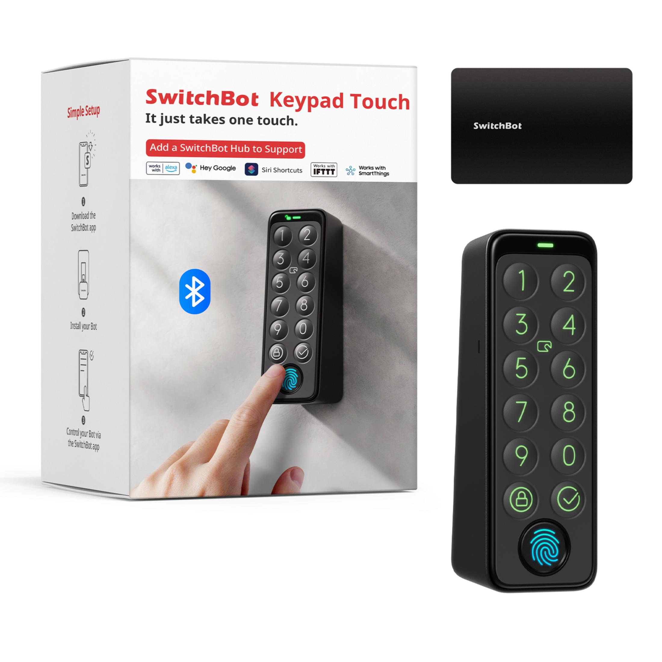 SwitchBot Keypad Touch und Box, die das Tastenfeld, eine Karte und eine Box mit Einrichtungsanweisungen zeigt.