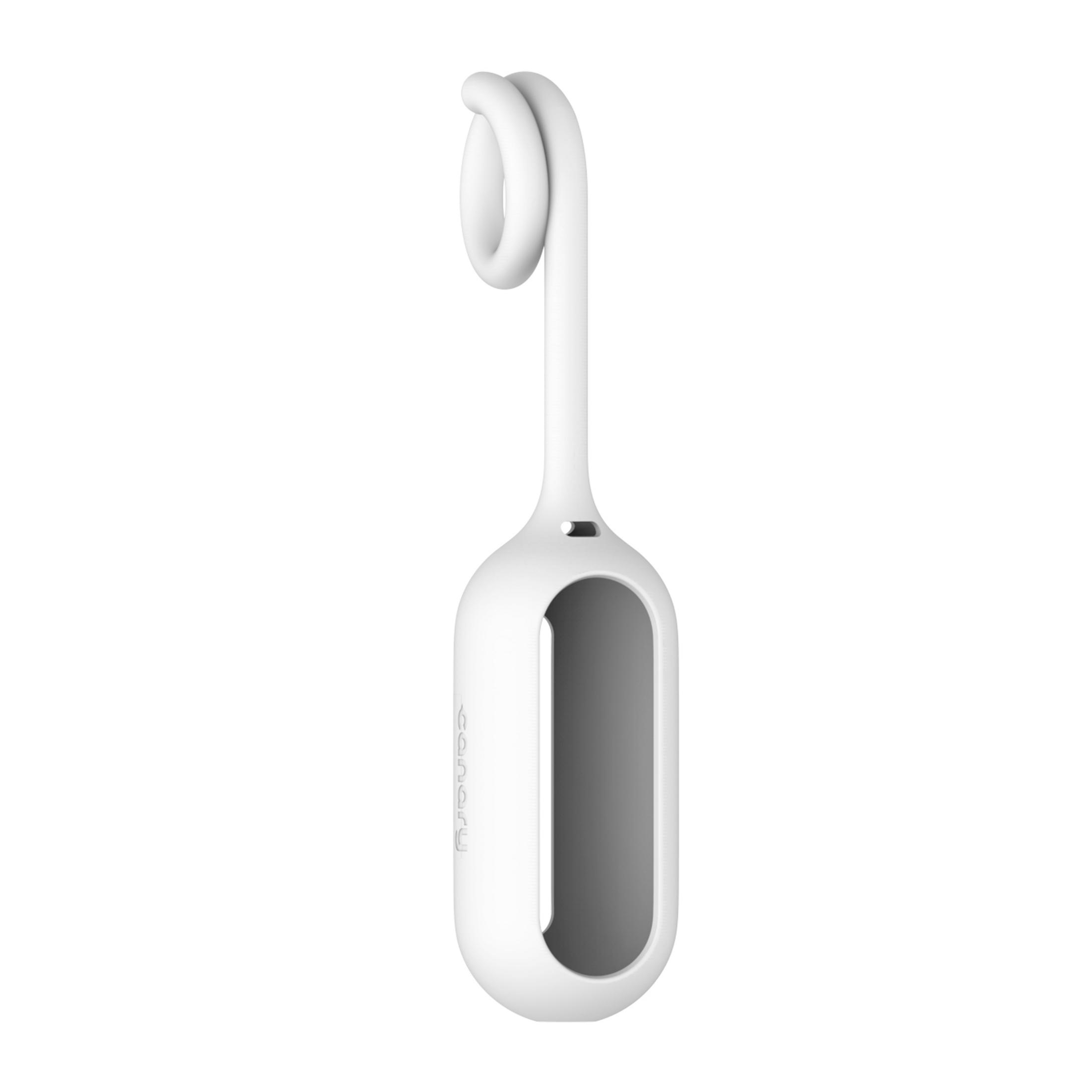 Weiße Canary Flex Überwachungskamera mit einer Schlaufe oben, die für eine flexible Platzierung und Überwachung entwickelt wurde.