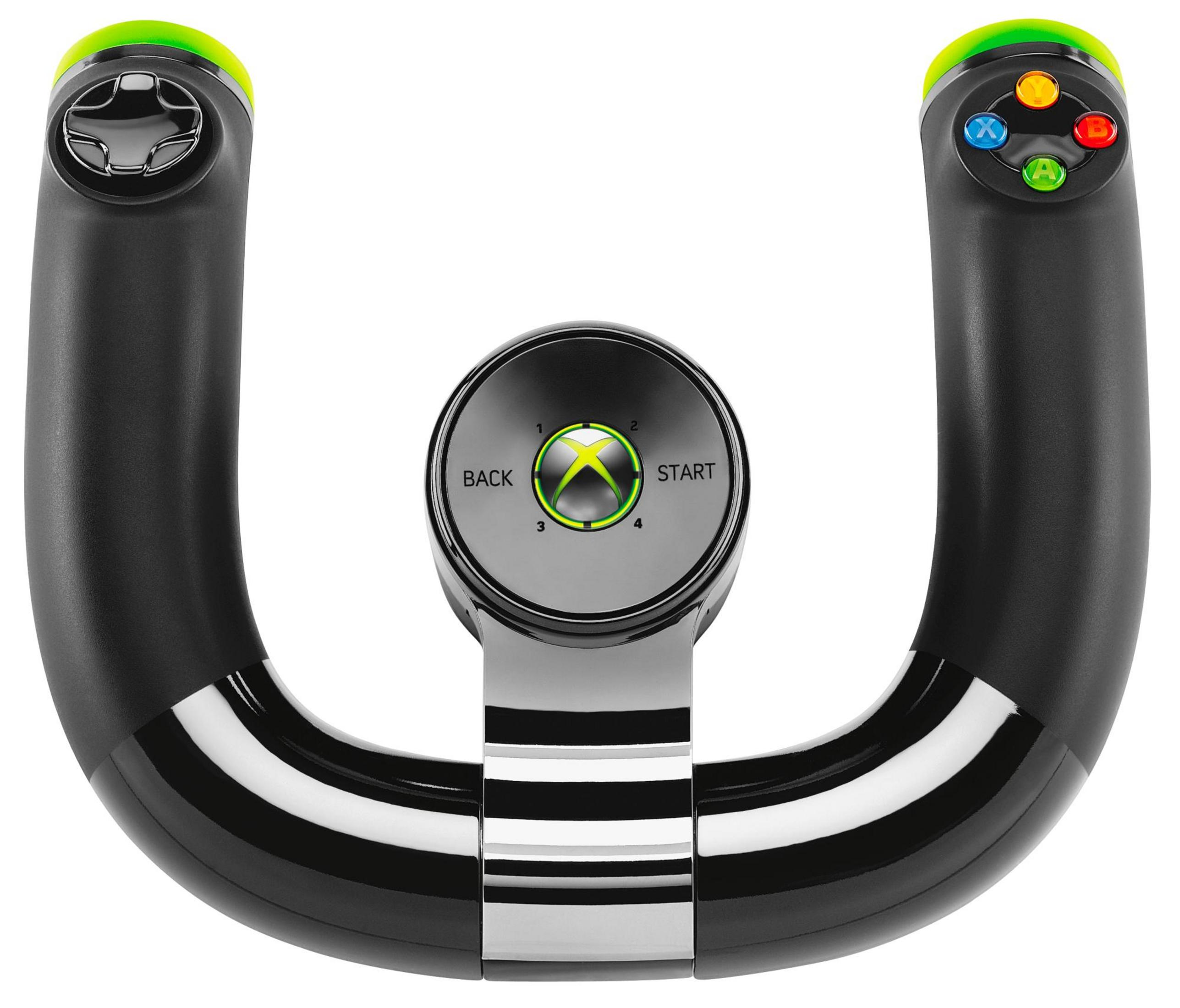 Schwarzes kabelloses Xbox 360-Rennlenkrad auf weißem Hintergrund. Das Lenkrad hat grüne Akzente und verschiedene Knöpfe.