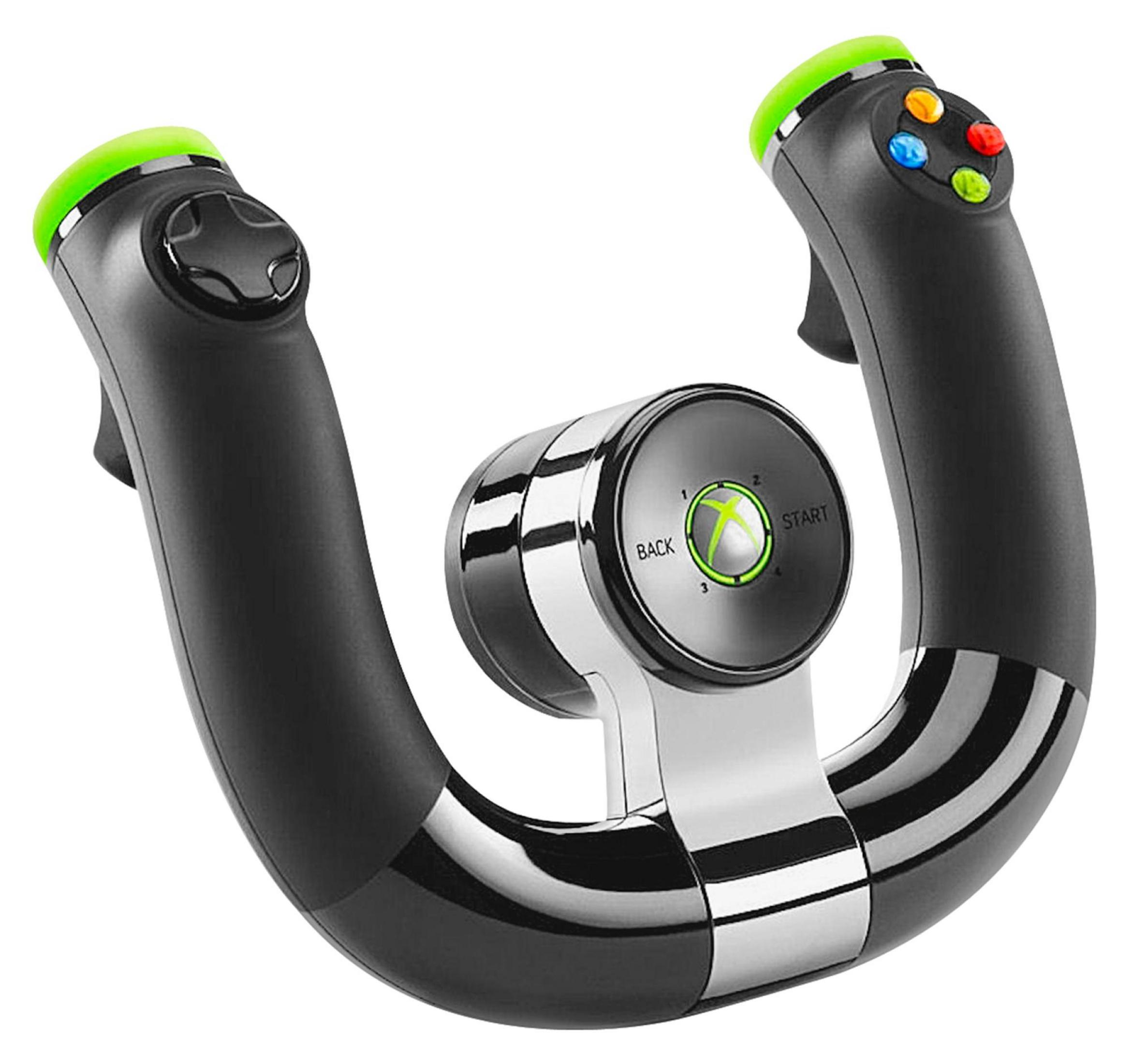 Schwarzes kabelloses Xbox 360-Rennlenkrad. Das Lenkrad hat grüne Akzente und verschiedene Knöpfe auf weißem Hintergrund.