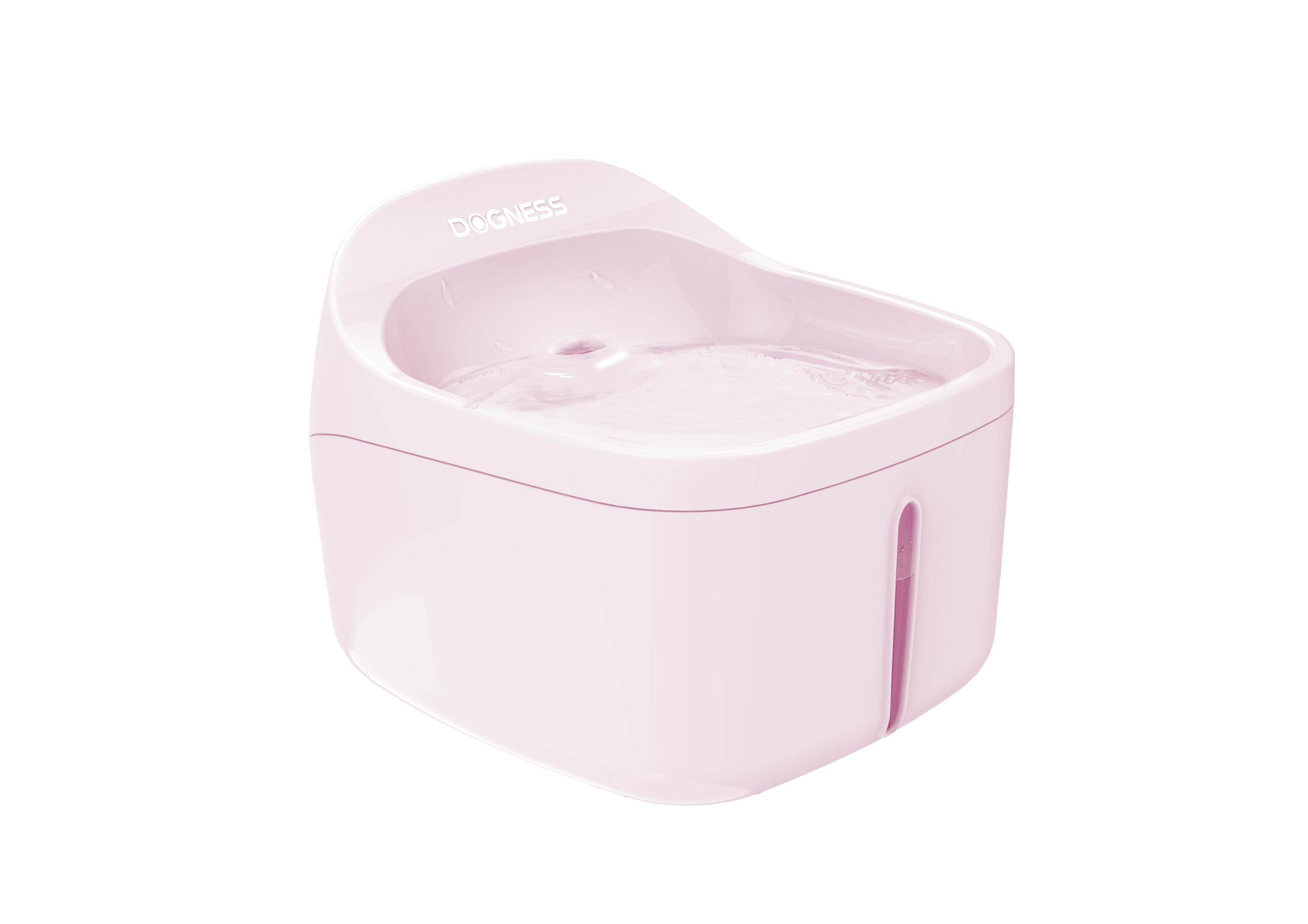 Ein pinkfarbener Trinkbrunnen für Haustiere steht auf einer weißen Oberfläche und ist bereit, frisches Wasser bereitzustellen.