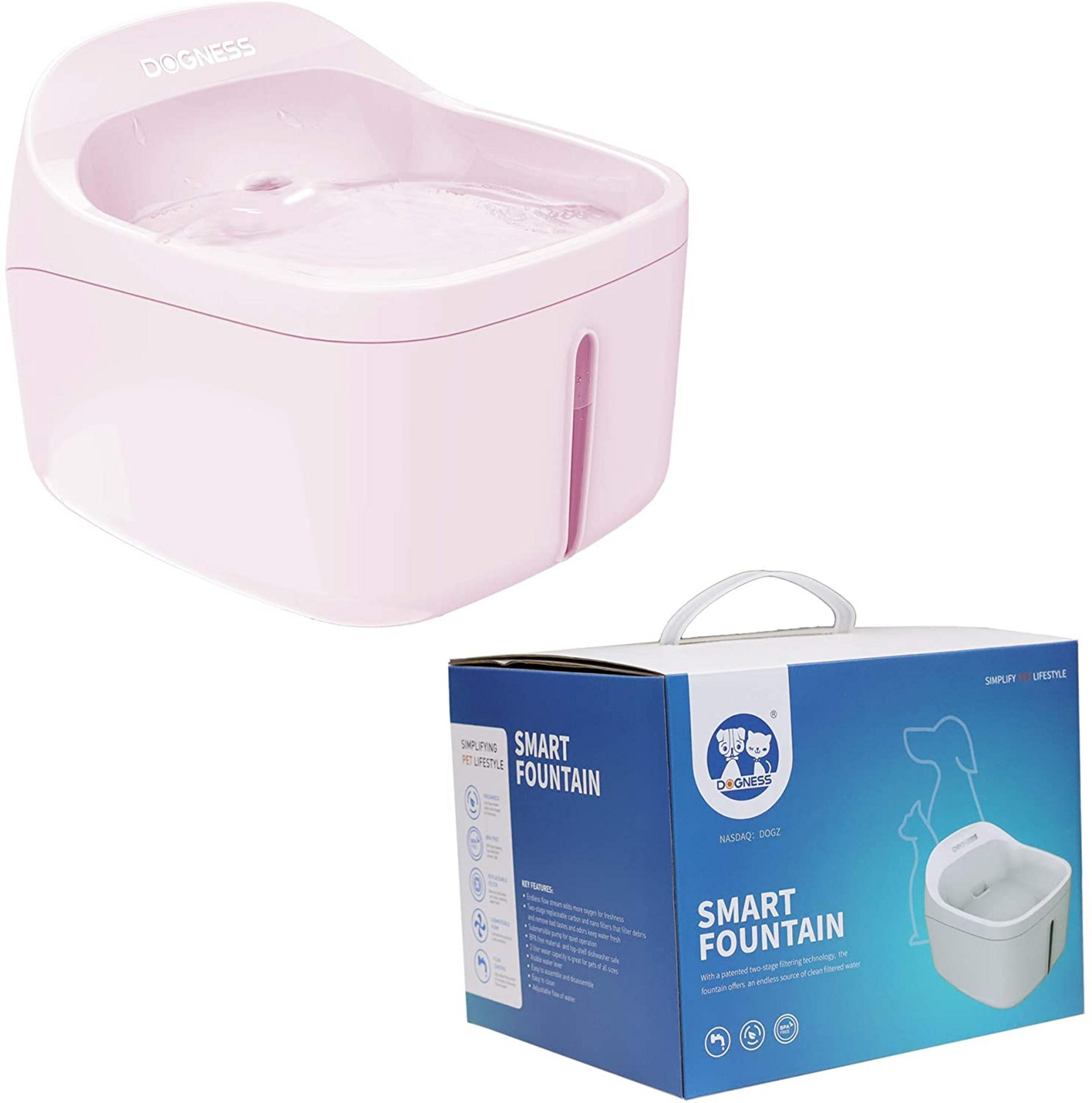 Ein pinkfarbener Haustierbrunnen steht neben seiner Verpackung mit blauem Design und einem Bild des Produkts.