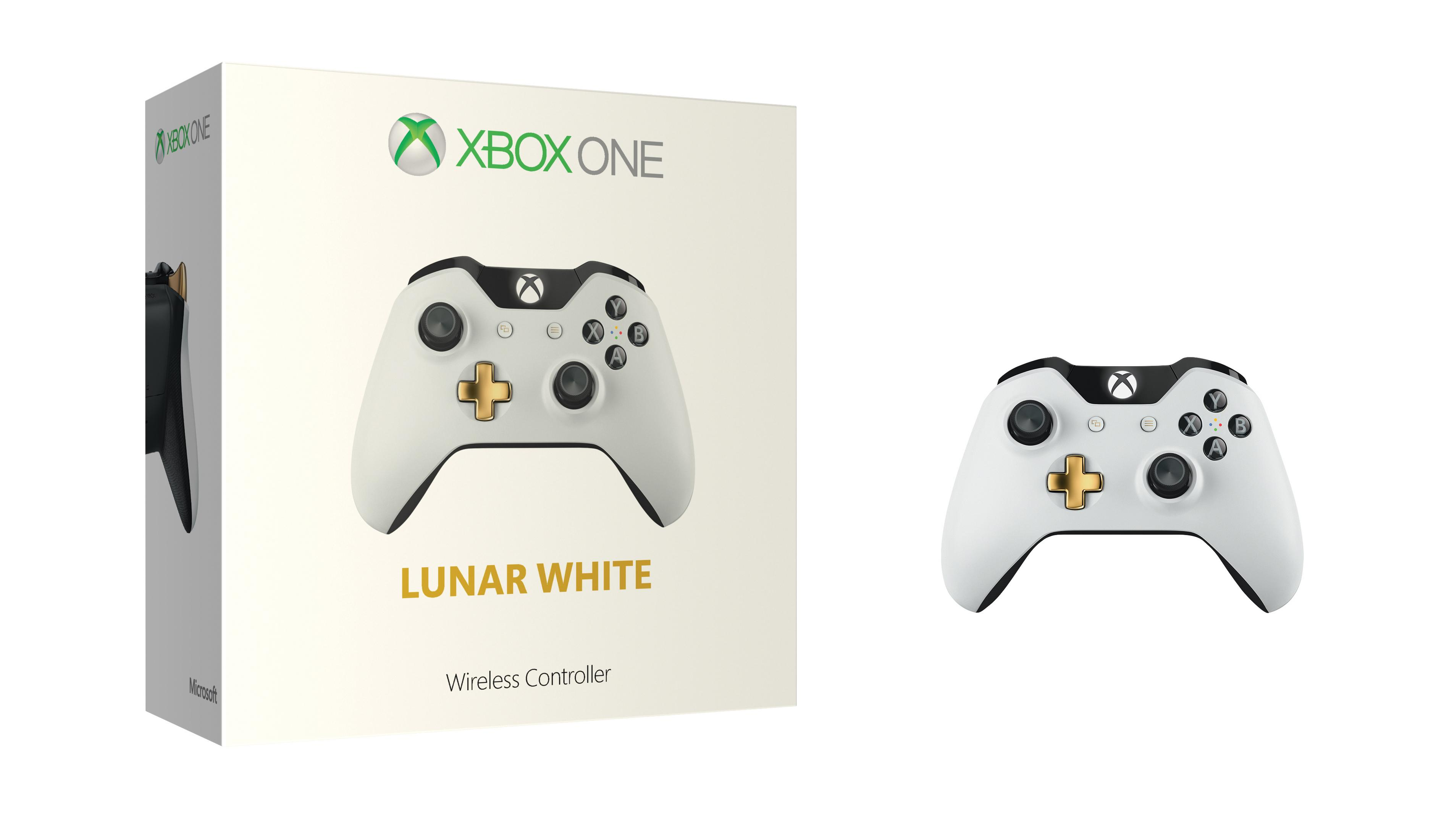 Ein Xbox One Lunar White Controller mit seiner Box vor einem weißen Hintergrund.