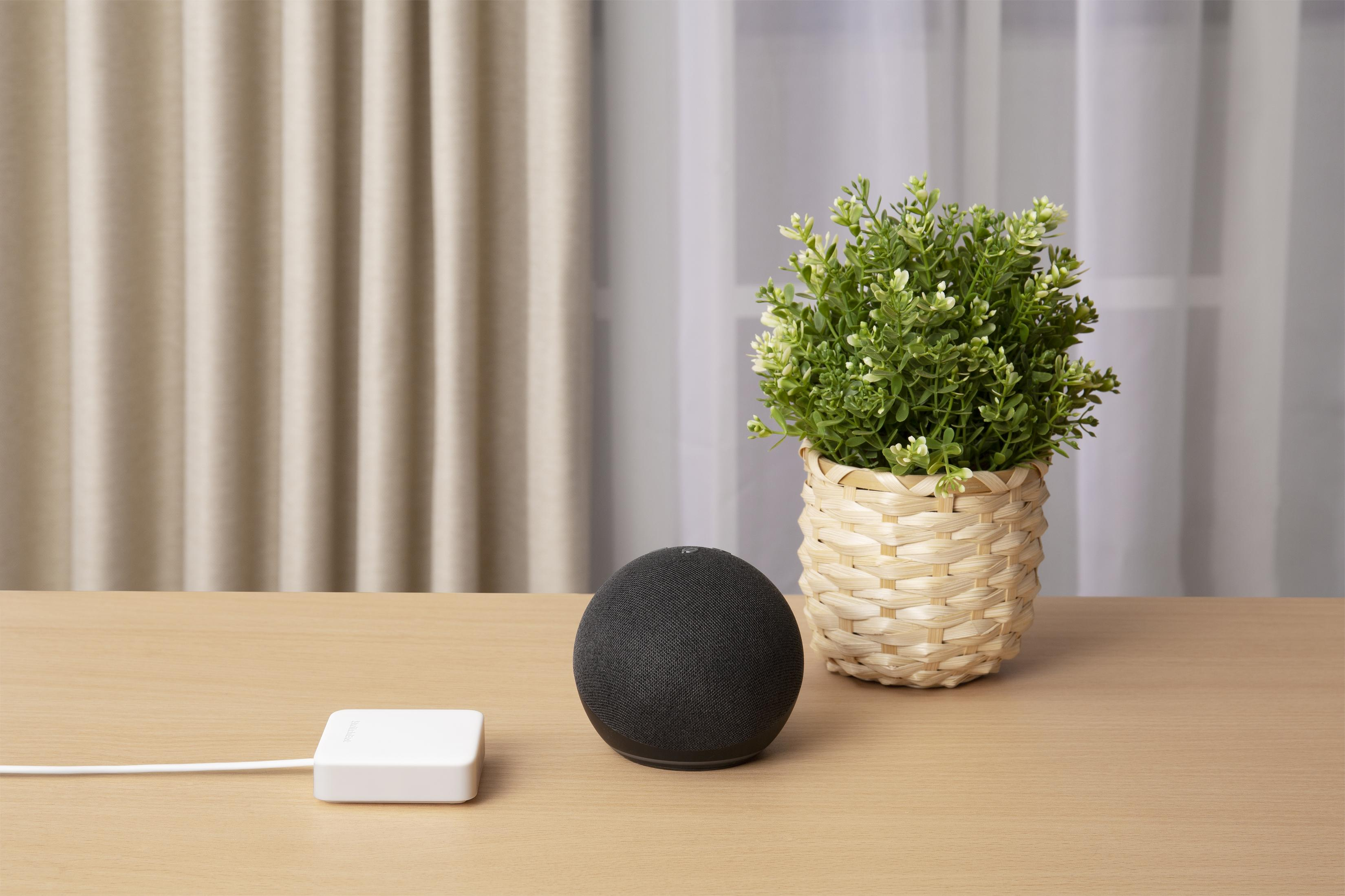 Ein kleiner, weißer SwitchBot-Hub neben einem schwarzen Smart Speaker auf einem Holztisch.
