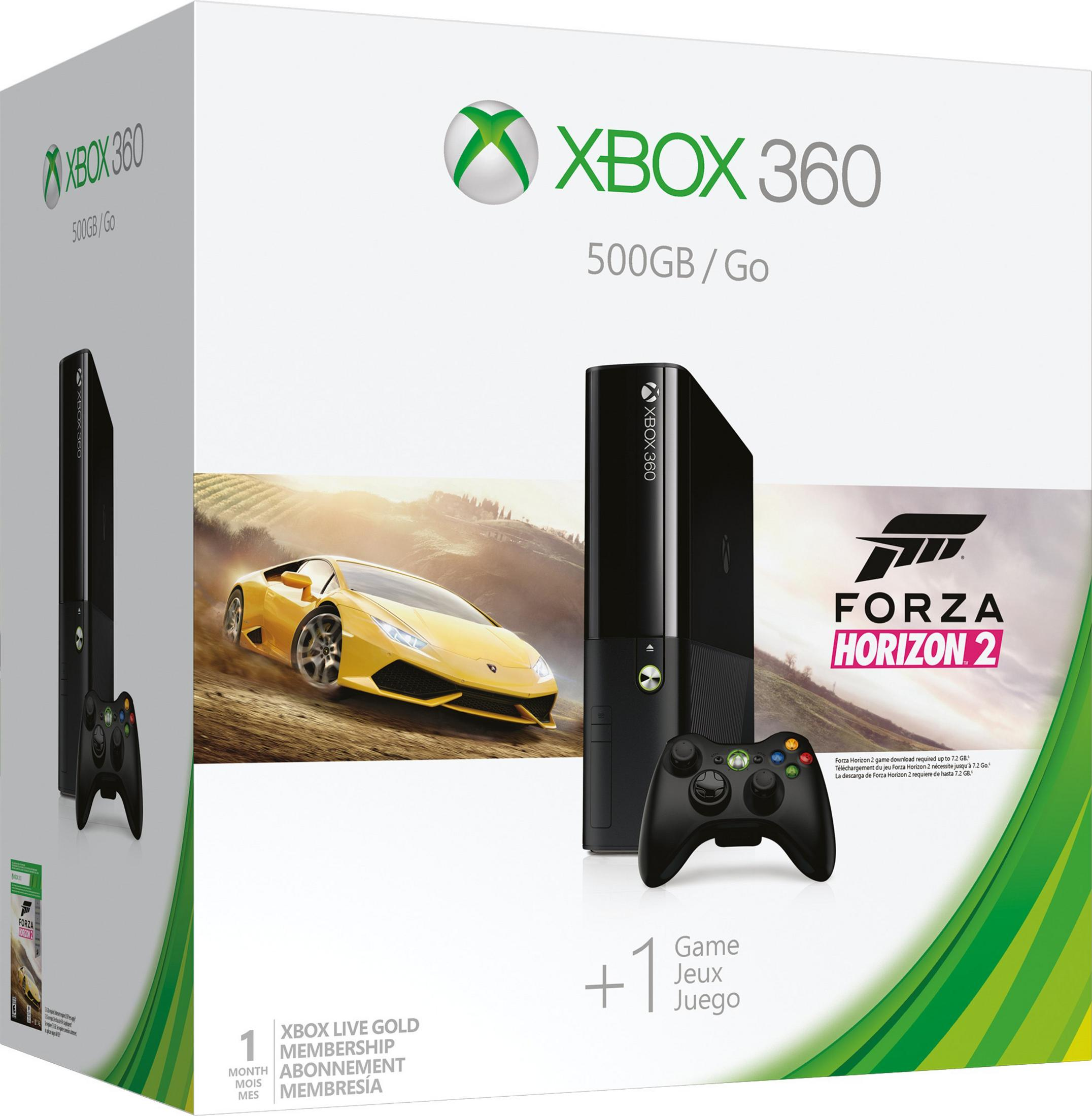 Eine Xbox 360-Konsolenbox mit der Konsole, dem Controller und dem Spiel Forza Horizon 2.