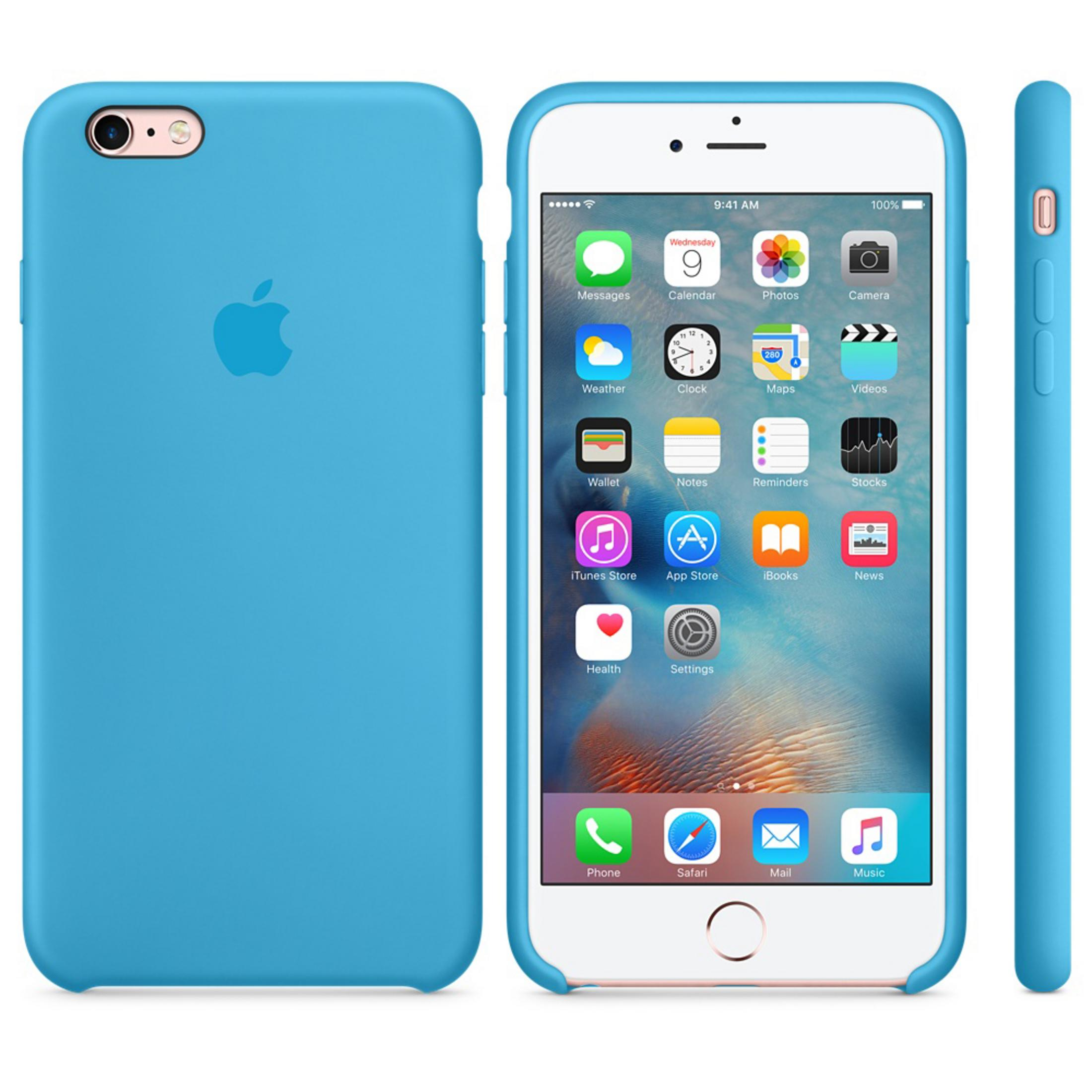 La imagen muestra un iPhone con una funda azul, vistas frontal y trasera, mostrando su pantalla de inicio y el logo de Apple.