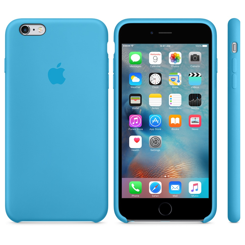 La imagen muestra un iPhone con una funda azul, vistas frontal y trasera, mostrando su pantalla de inicio y el logo de Apple.