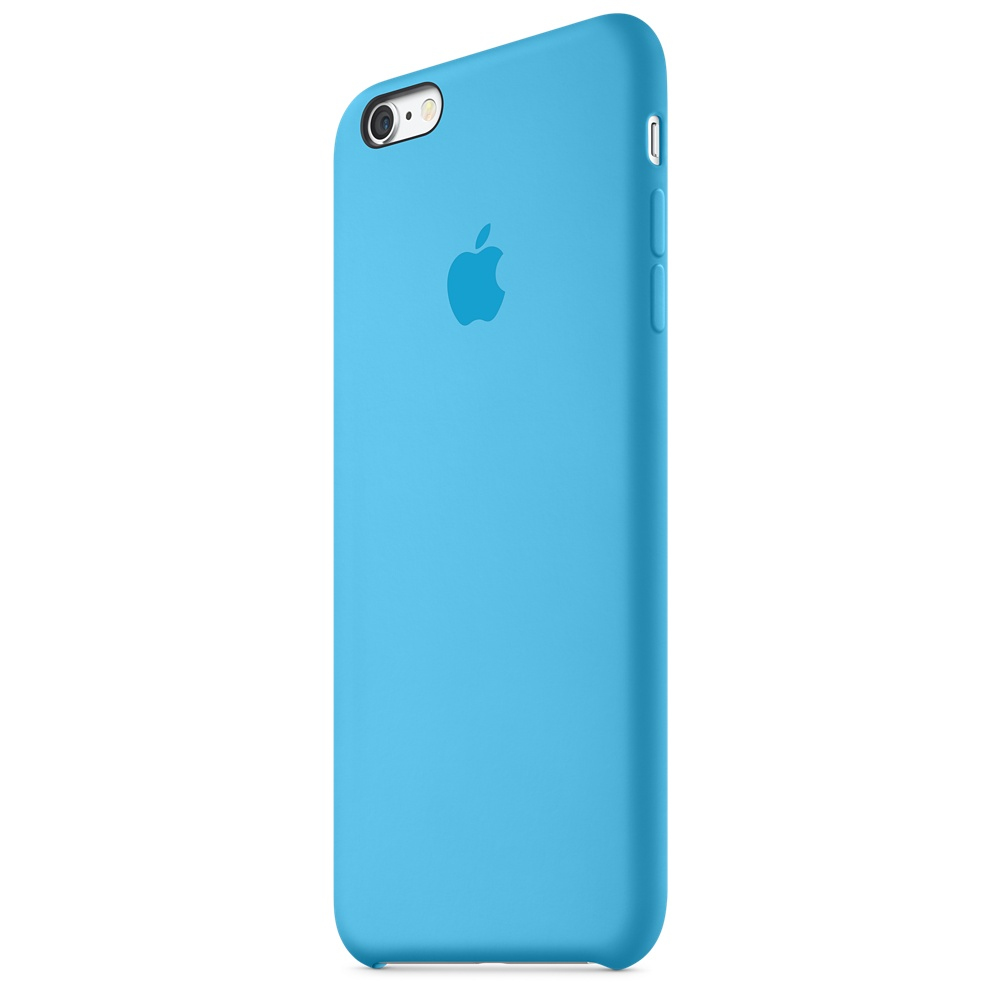 Una funda de iPhone azul claro con un logotipo de Apple en la parte posterior, que se muestra en orientación vertical.