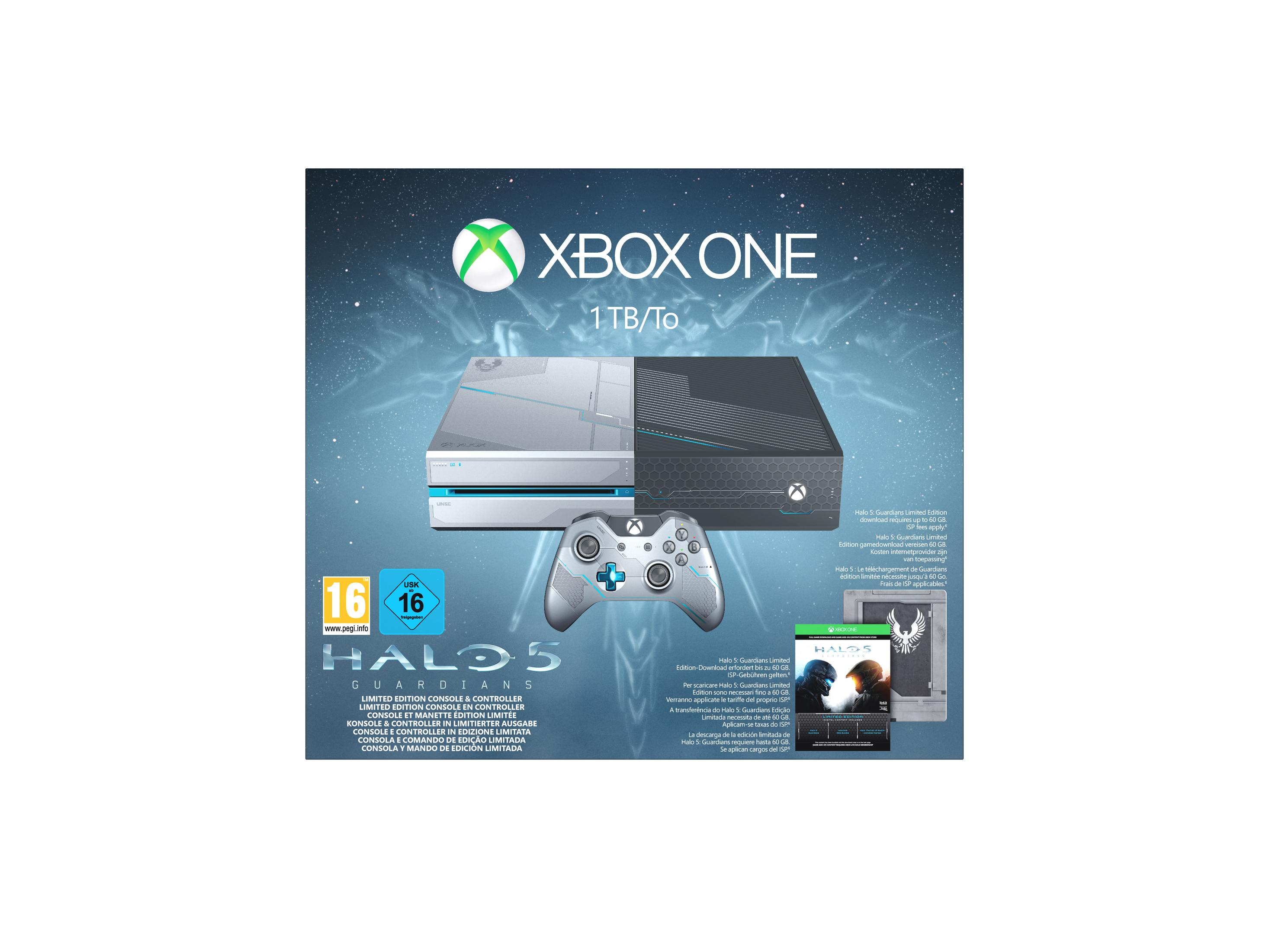 Xbox One Halo 5: Guardians Limited Edition-Konsole und -Controller auf weißem Hintergrund.