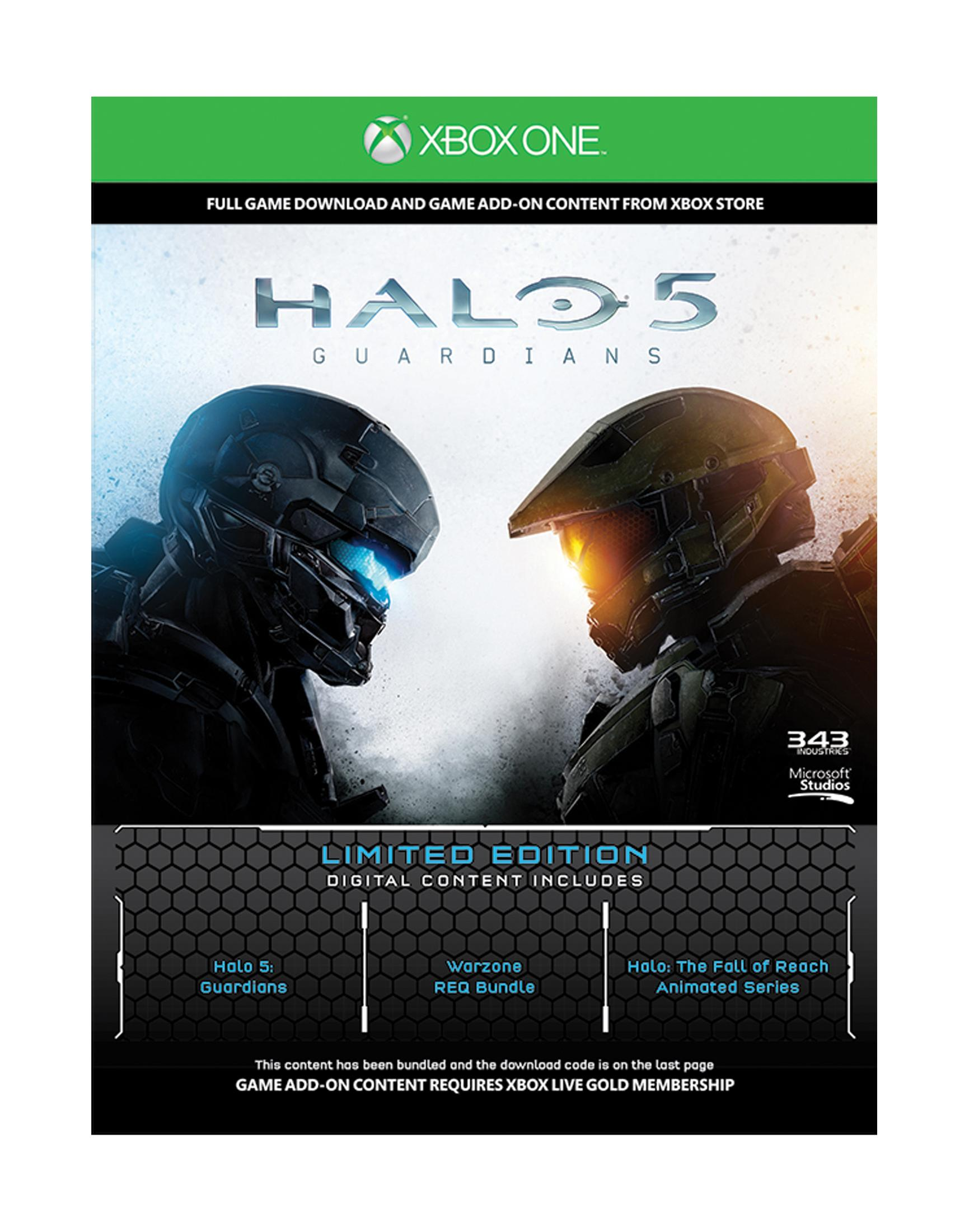 Halo 5: Guardians-Spielwerbung mit zwei maskierten Charakteren, die sich gegenüberstehen.