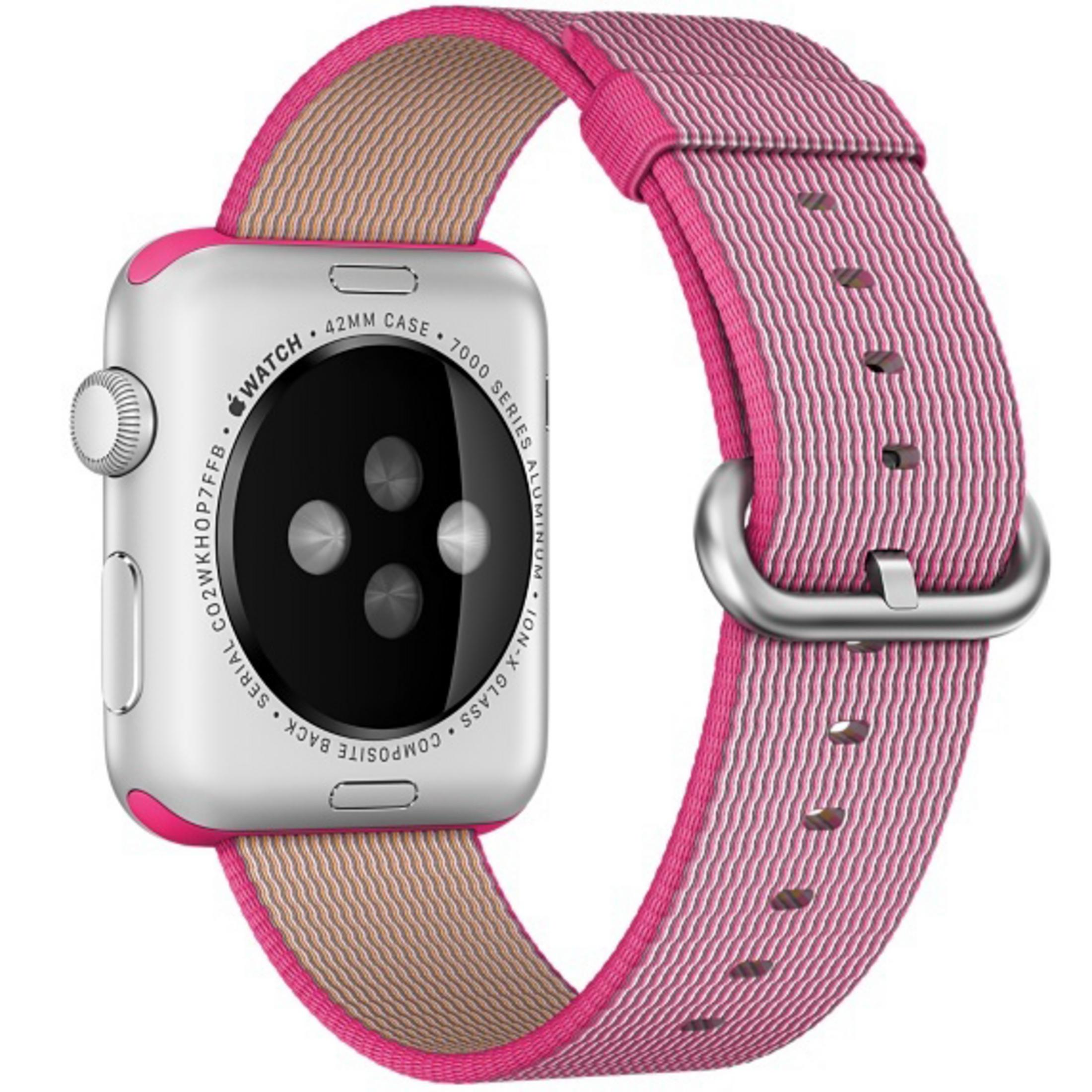 Srebrny Apple Watch z różowym tkanym nylonowym paskiem, pokazujący czujniki z tyłu.