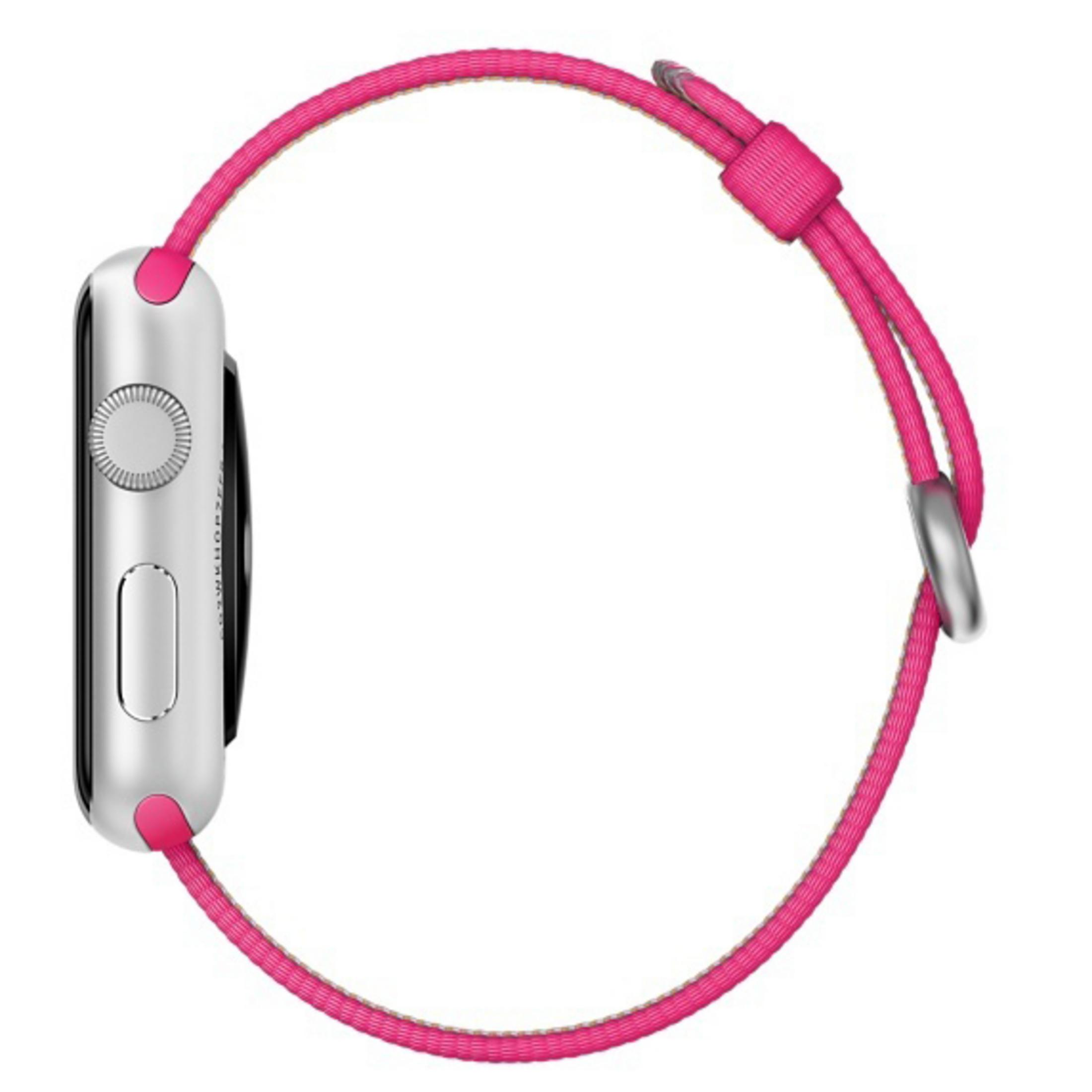 Widok z boku srebrnego Apple Watch z różowym tkanym nylonowym paskiem.