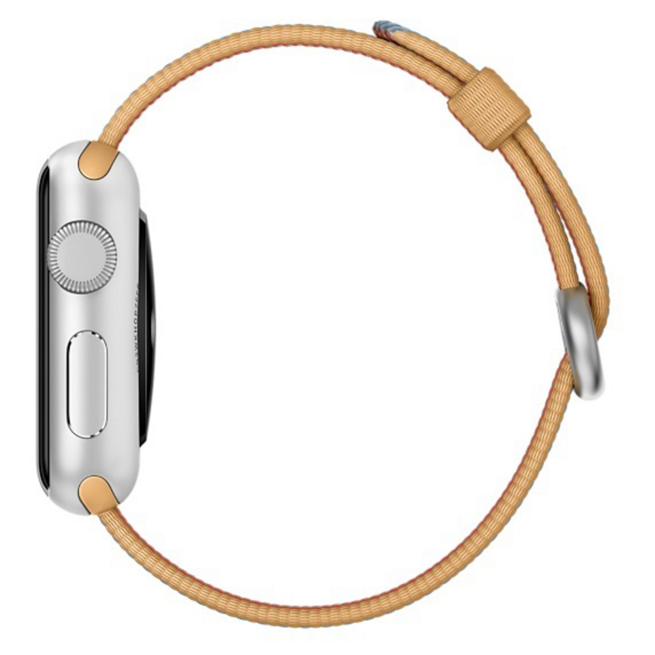 Widok z boku srebrnego Apple Watch z pomarańczowo-niebieskim tkanym paskiem.