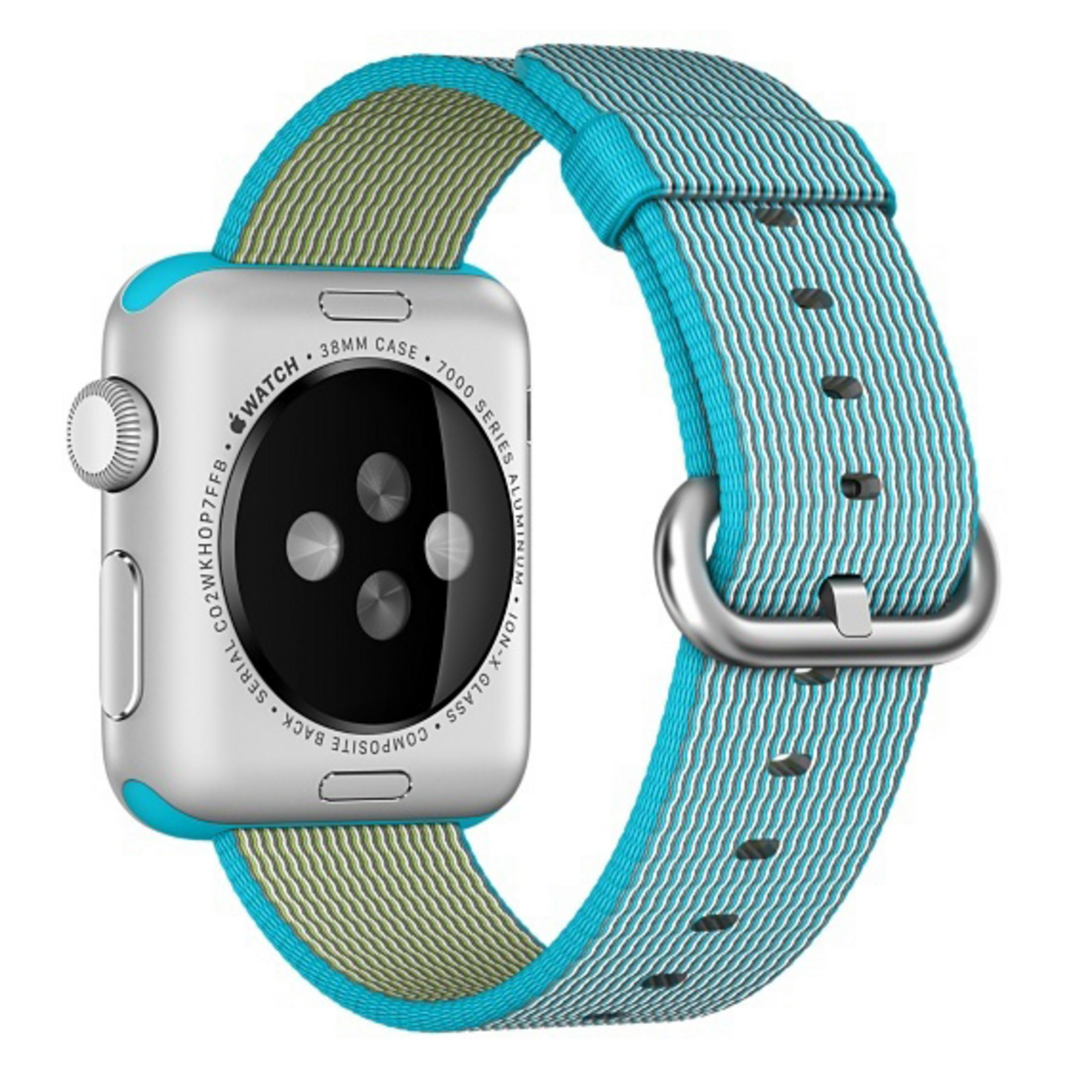 Apple Watch z niebiesko-białym paskiem, prezentowany na białym tle.