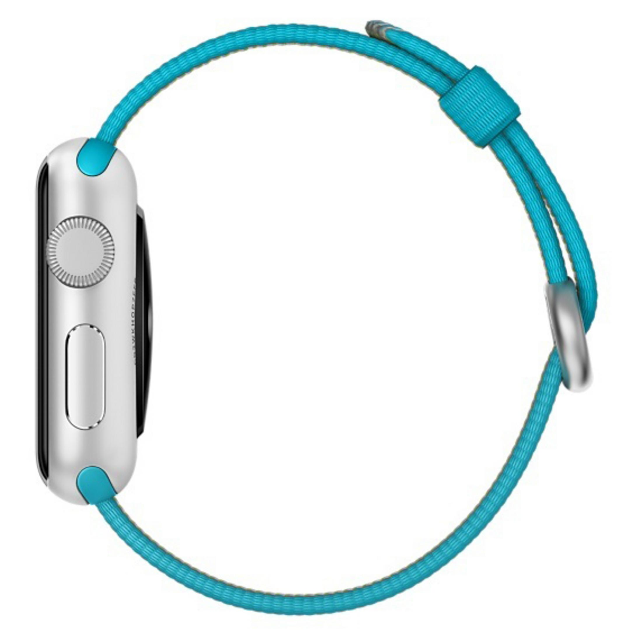 Apple Watch z niebieskim paskiem, prezentowany na białym tle, widok z boku.