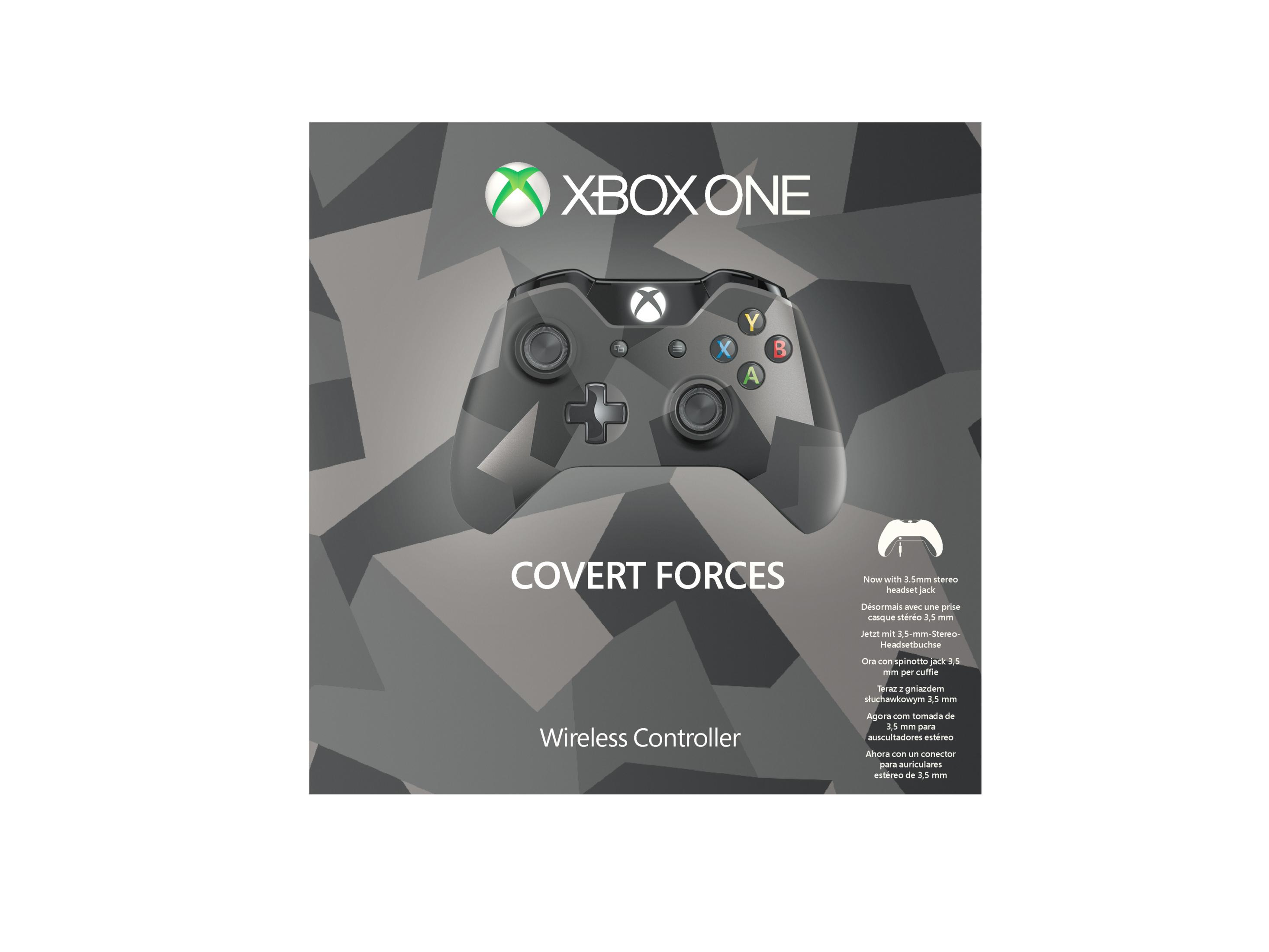 Xbox One 'Covert Forces' kabellose Controller-Box. Der Controller ist mit einem Camouflage-Muster in Graustufen versehen.