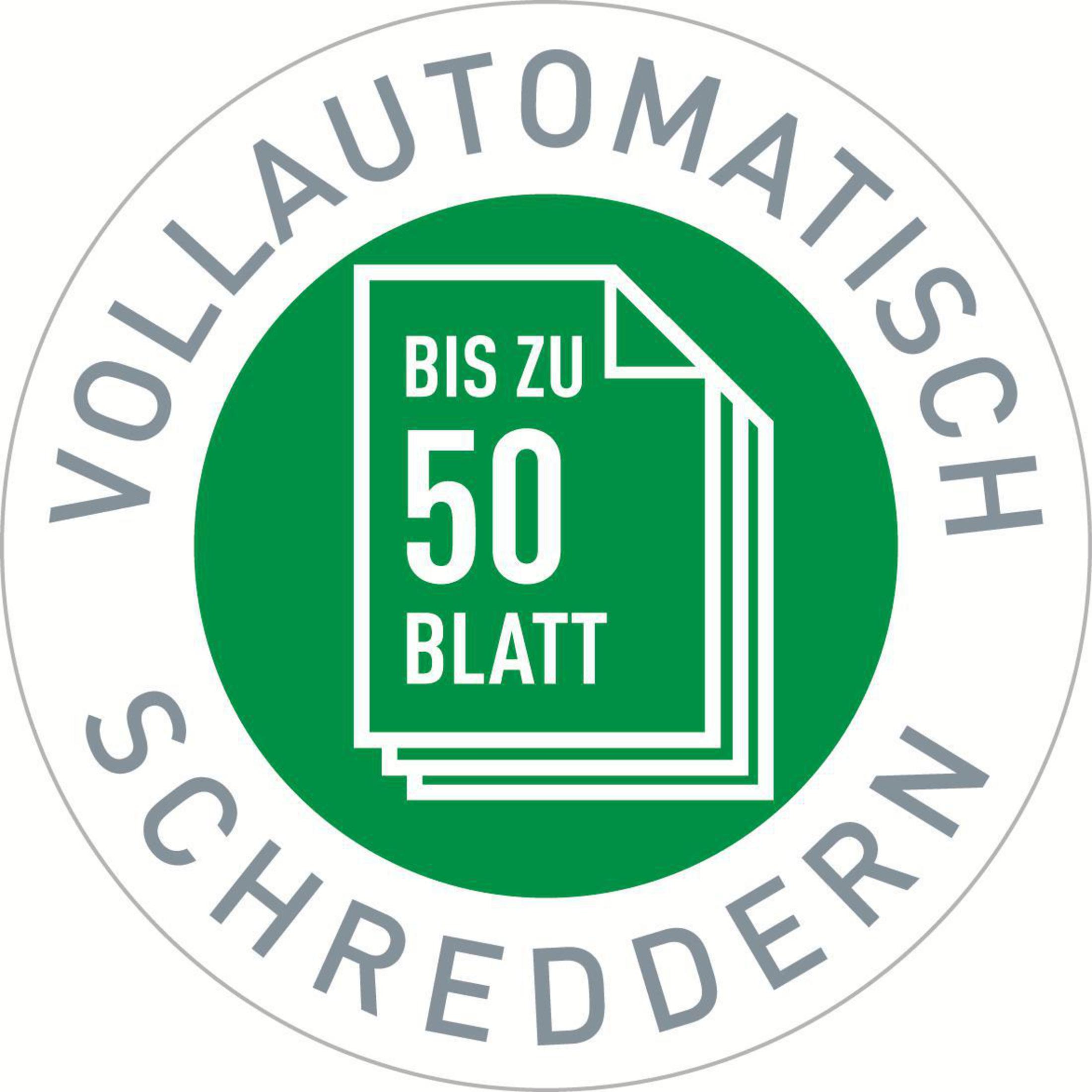 Ein grünes und weißes Logo mit deutschem Text und einem Papiersymbol, das automatisches Shreddern von bis zu 50 Blatt anzeigt.