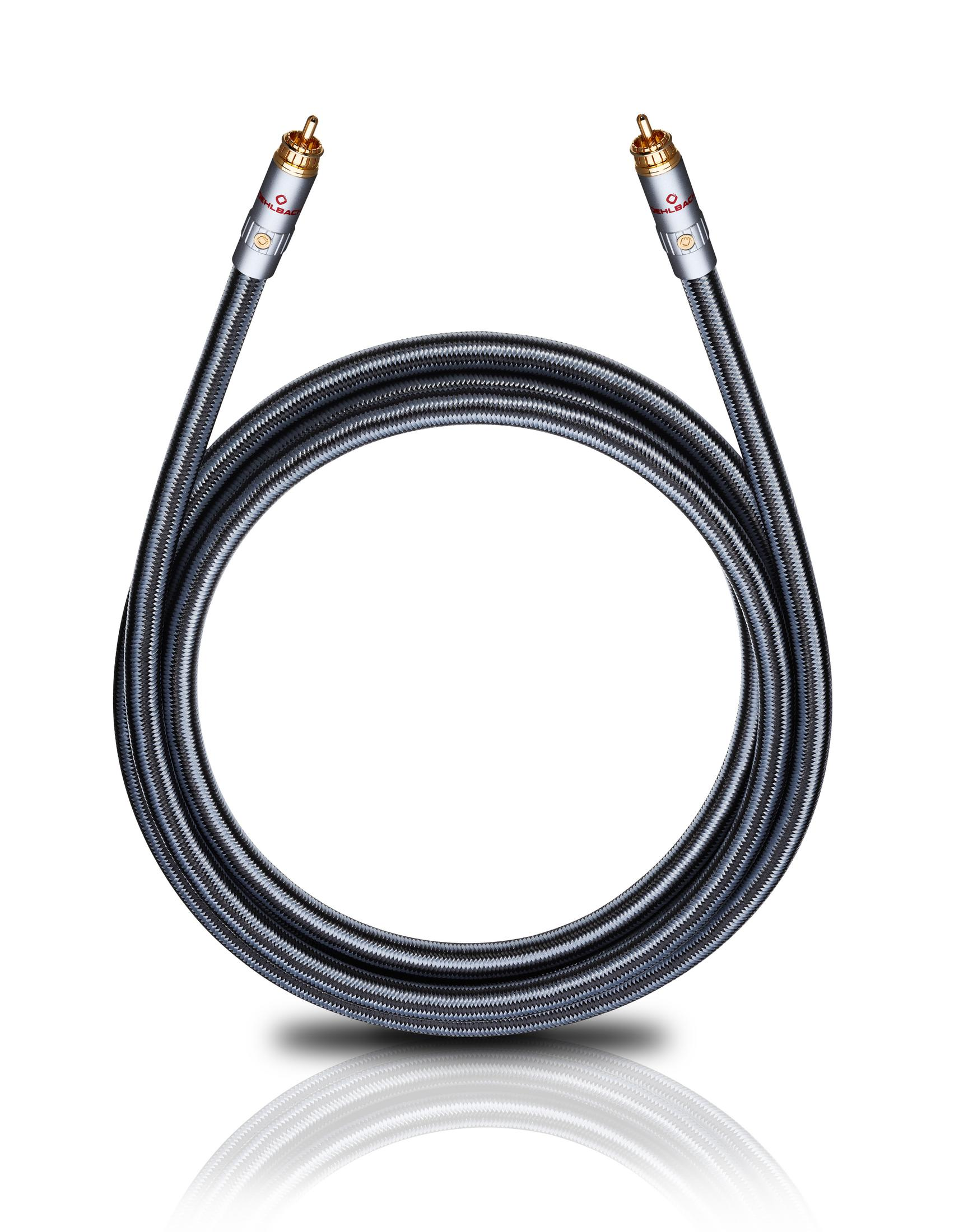 Aufgerolltes schwarzes Audiokabel mit silbernen und goldenen Steckern. Der Markenname Oehlbach ist sichtbar.