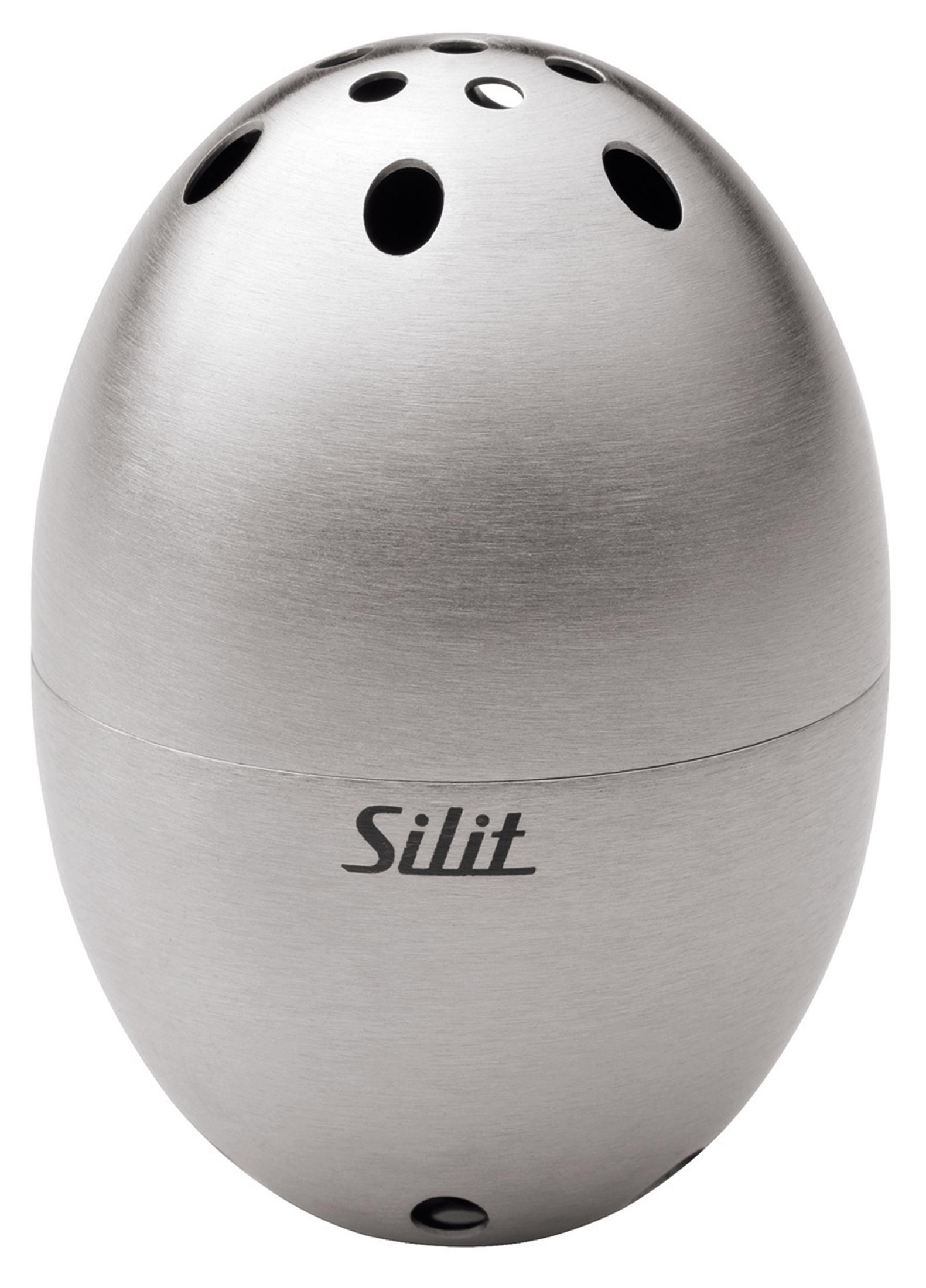 Ein silberner eiförmiger Shaker mit dem Wort Silit darauf steht auf einem weißen Hintergrund.