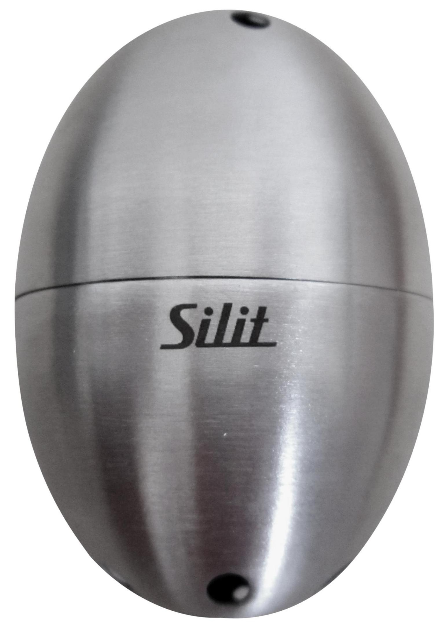 Silberner Behälter mit 'Silit'-Schriftzug. Er hat eine ovale Form und ein kleines Loch oben.