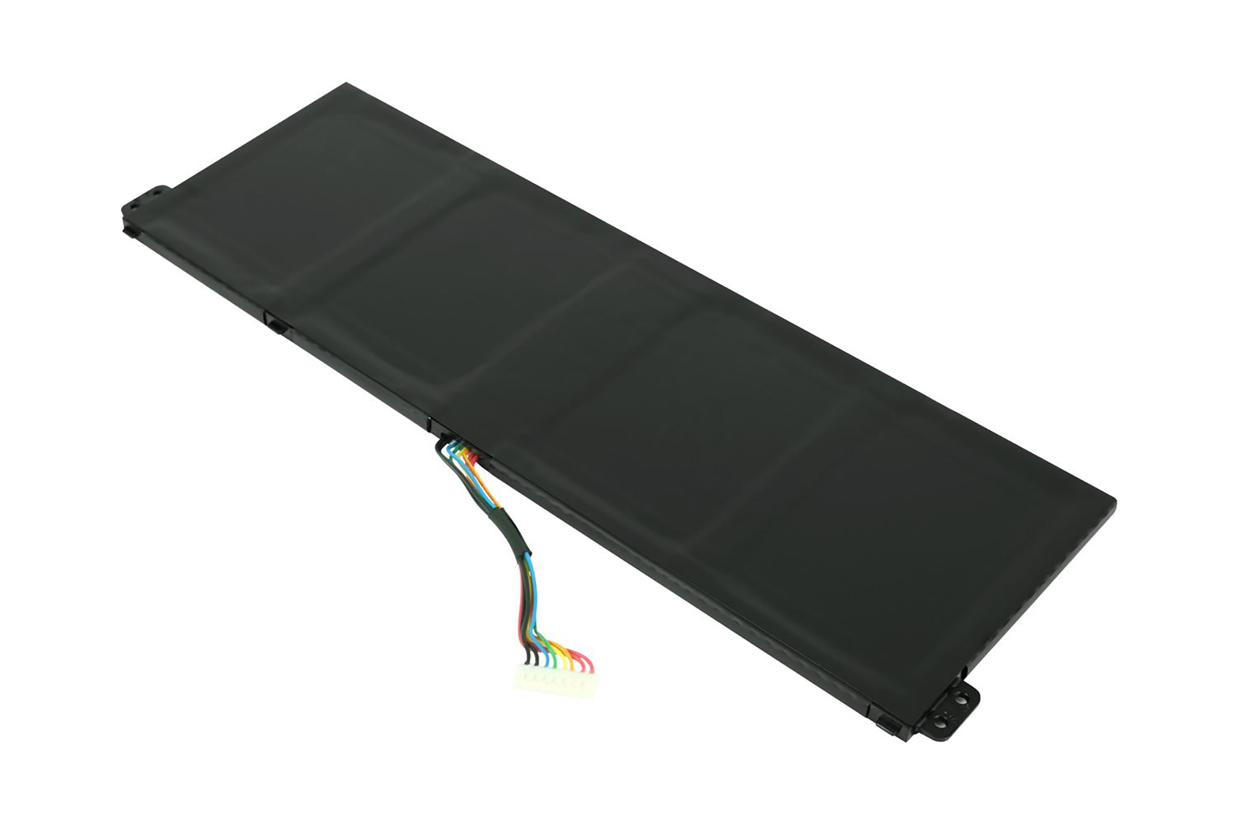 Schwarzer rechteckiger Laptop-Akku mit farbigen Drähten und weißem Stecker, schräge Draufsicht.