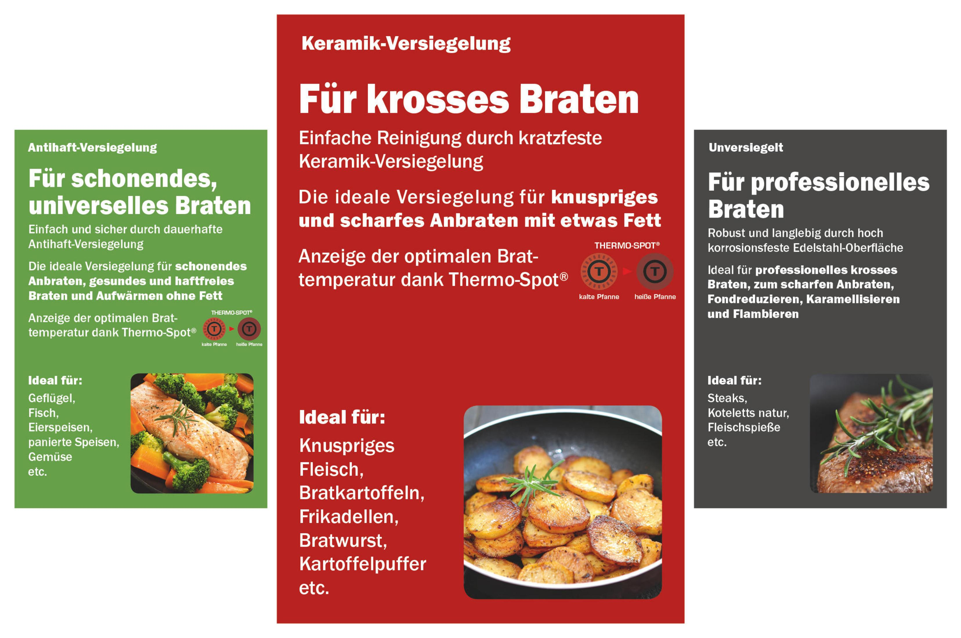 Marketingmaterial auf Deutsch, das Bratpfannen und ihre Vorteile beschreibt.