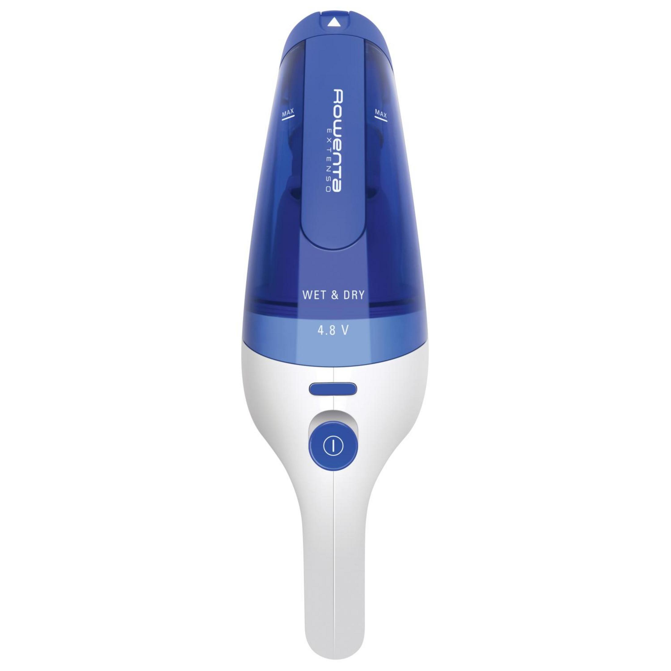 Un aspirapolvere portatile senza fili blu e bianco si erge in piedi su uno sfondo bianco.