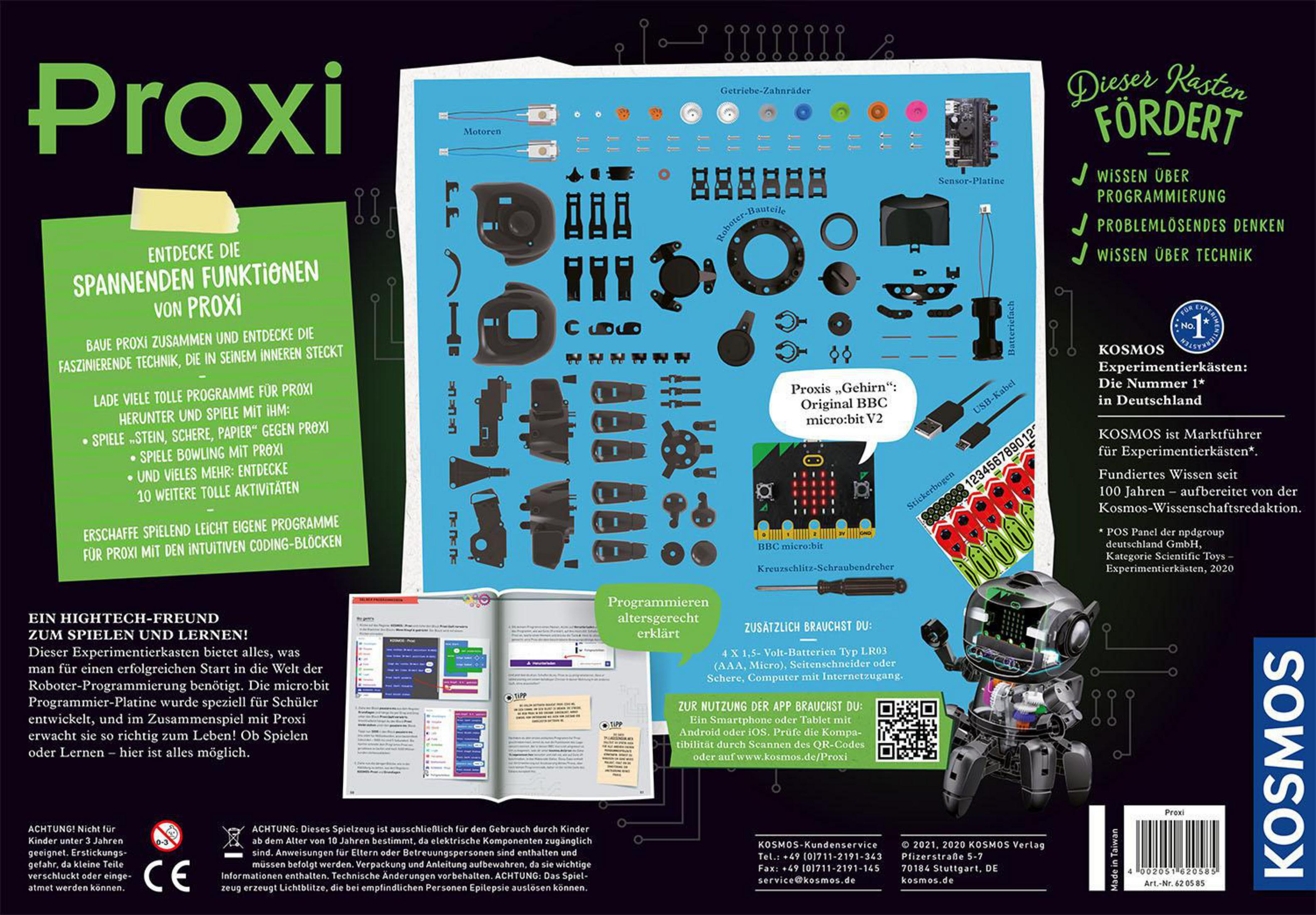 Die Rückseite der Proxi-Roboter-Kit-Box zeigt Komponenten und Funktionen.