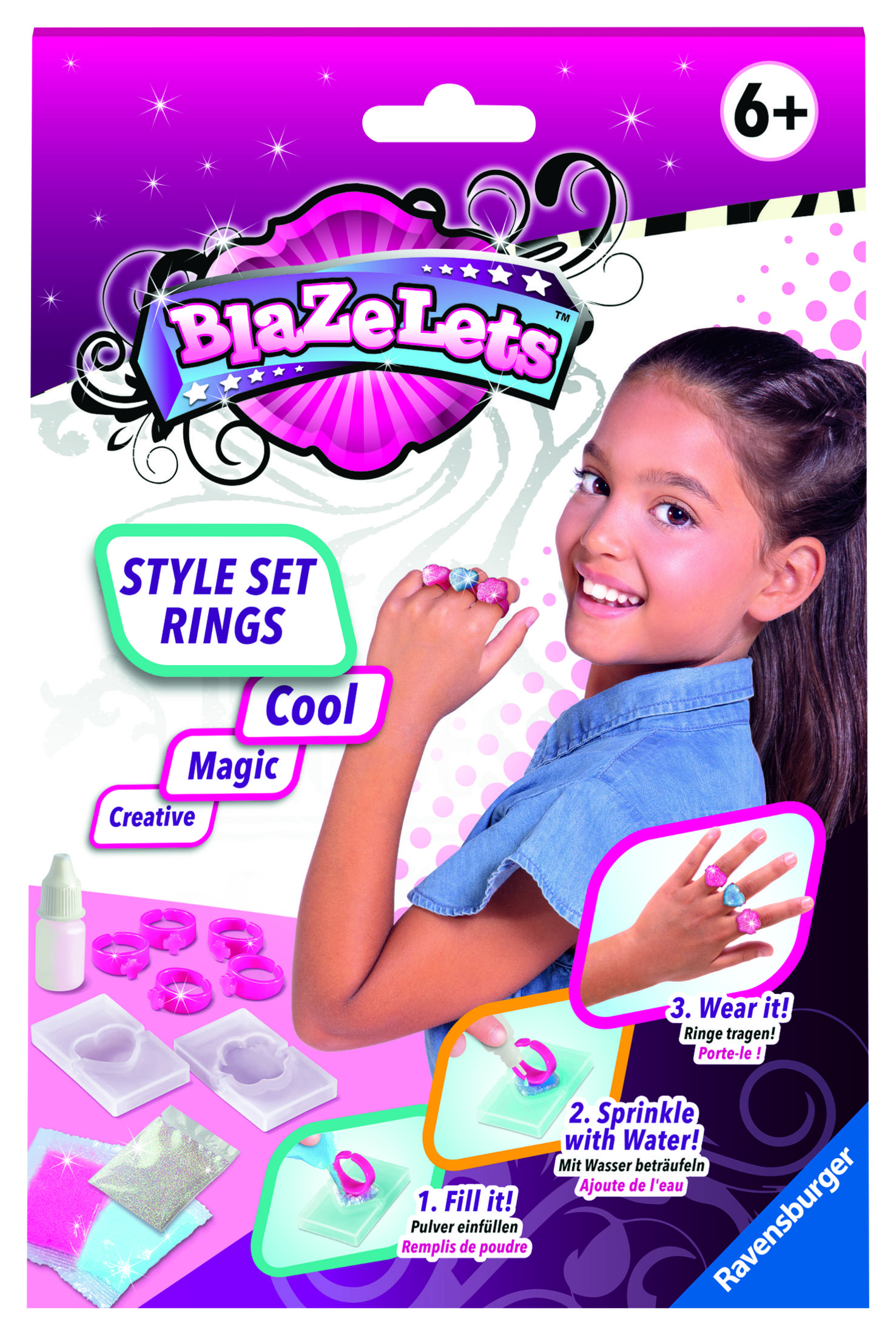 Eine Blazelets Style Set Rings-Box mit einem Mädchen mit Ringen und Anleitungen zur Ringherstellung.