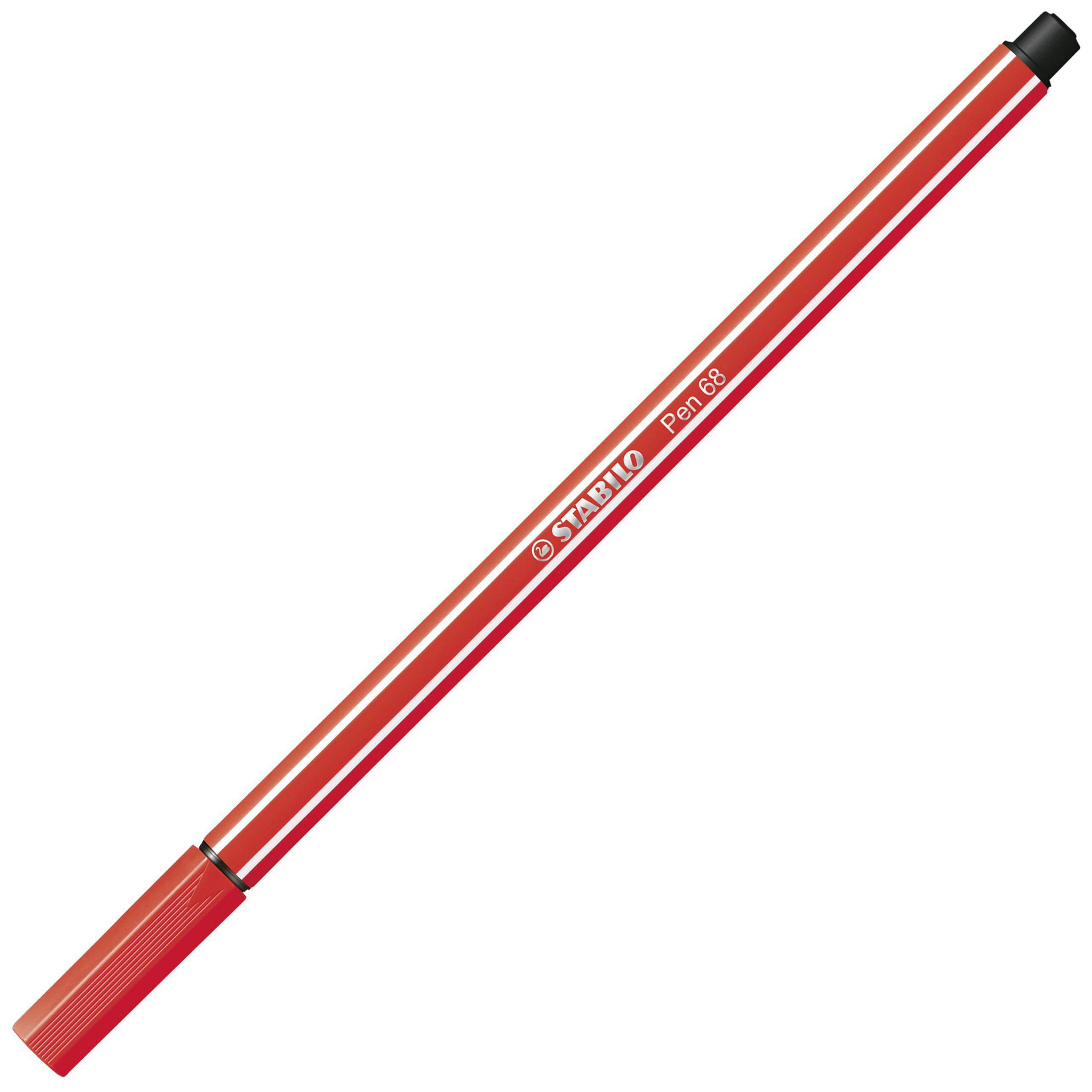 Das Bild zeigt einen roten Stabilo Pen 68, der diagonal vor einem weißen Hintergrund positioniert ist.