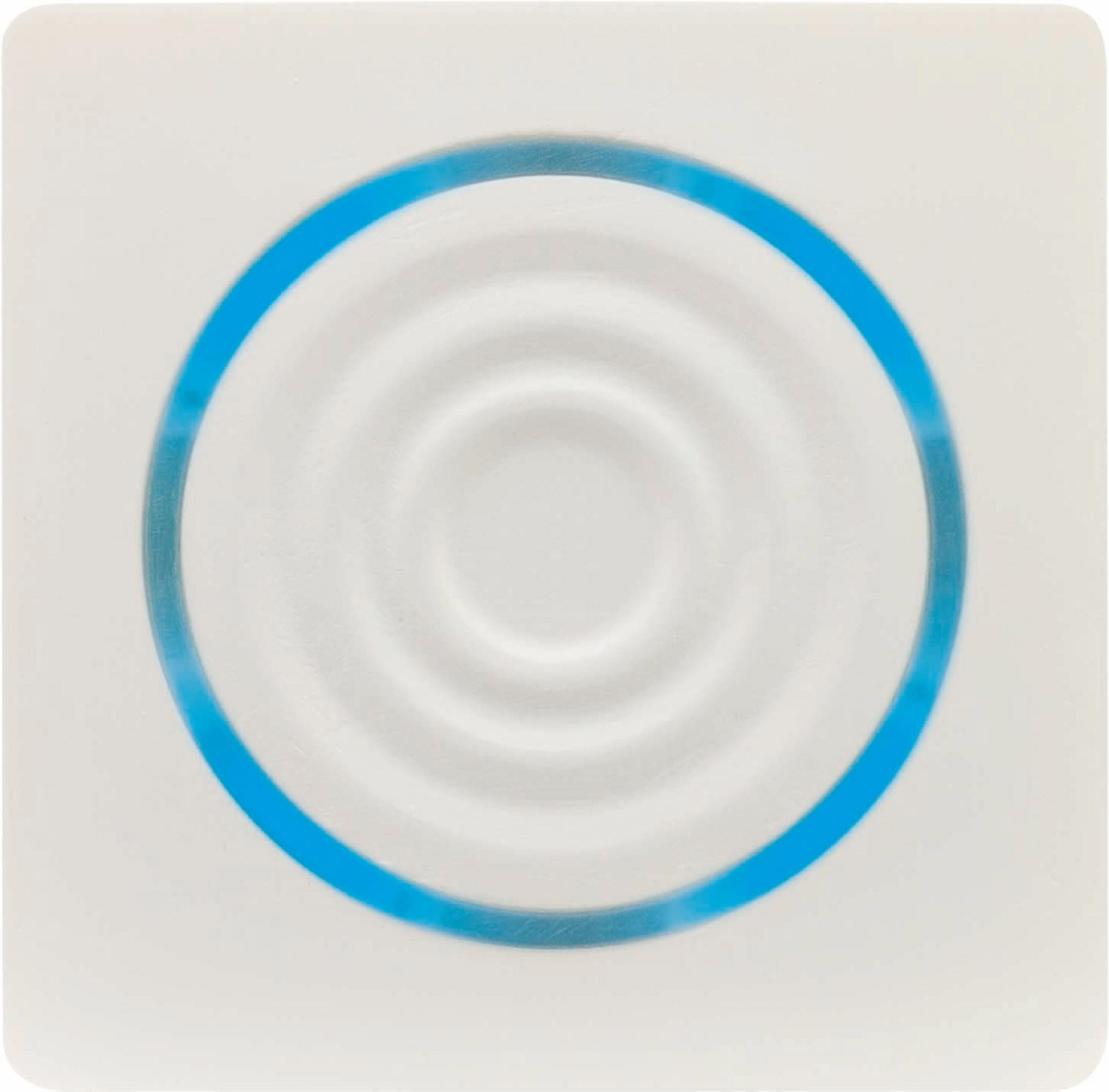 Ein weißes Gerät mit einem blauen Kreis. Der Kreis hat konzentrische Ringe in seinem Inneren.