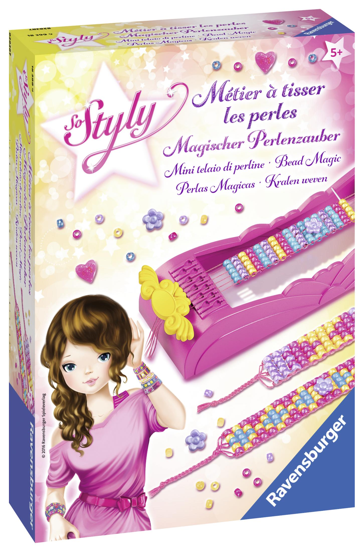 Eine So Styly Perlenzauberbox mit einem Mädchen und einem Webstuhl mit Armbändern.