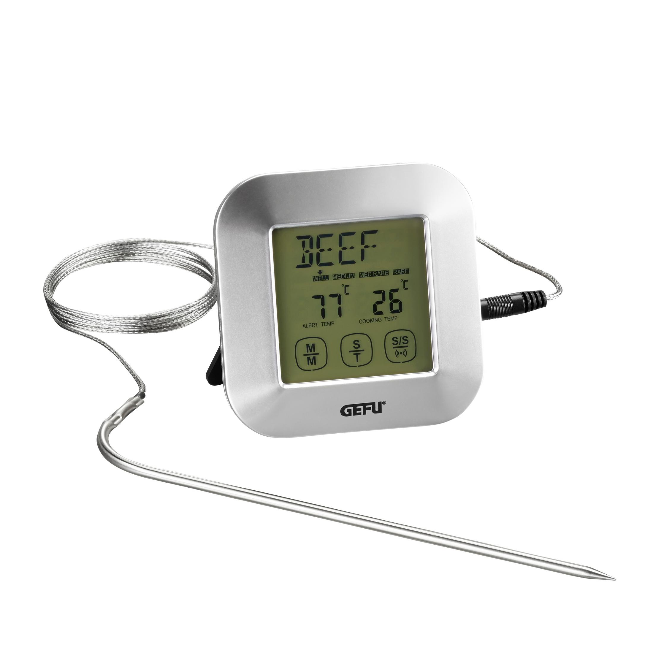 Ein silbernes digitales Thermometer mit Sonde und Einstellungen zum Kochen von Rindfleisch.