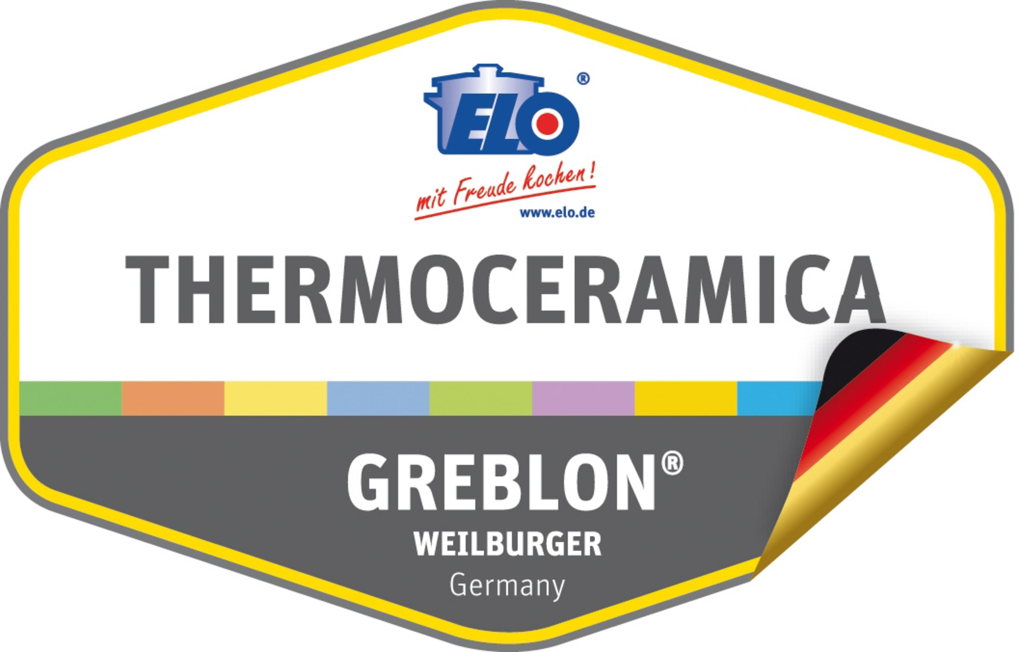 Ein farbenfrohes Logo für Thermoceramica Greblon Weilburger Germany mit dem Text Thermoceramica und Greblon.
