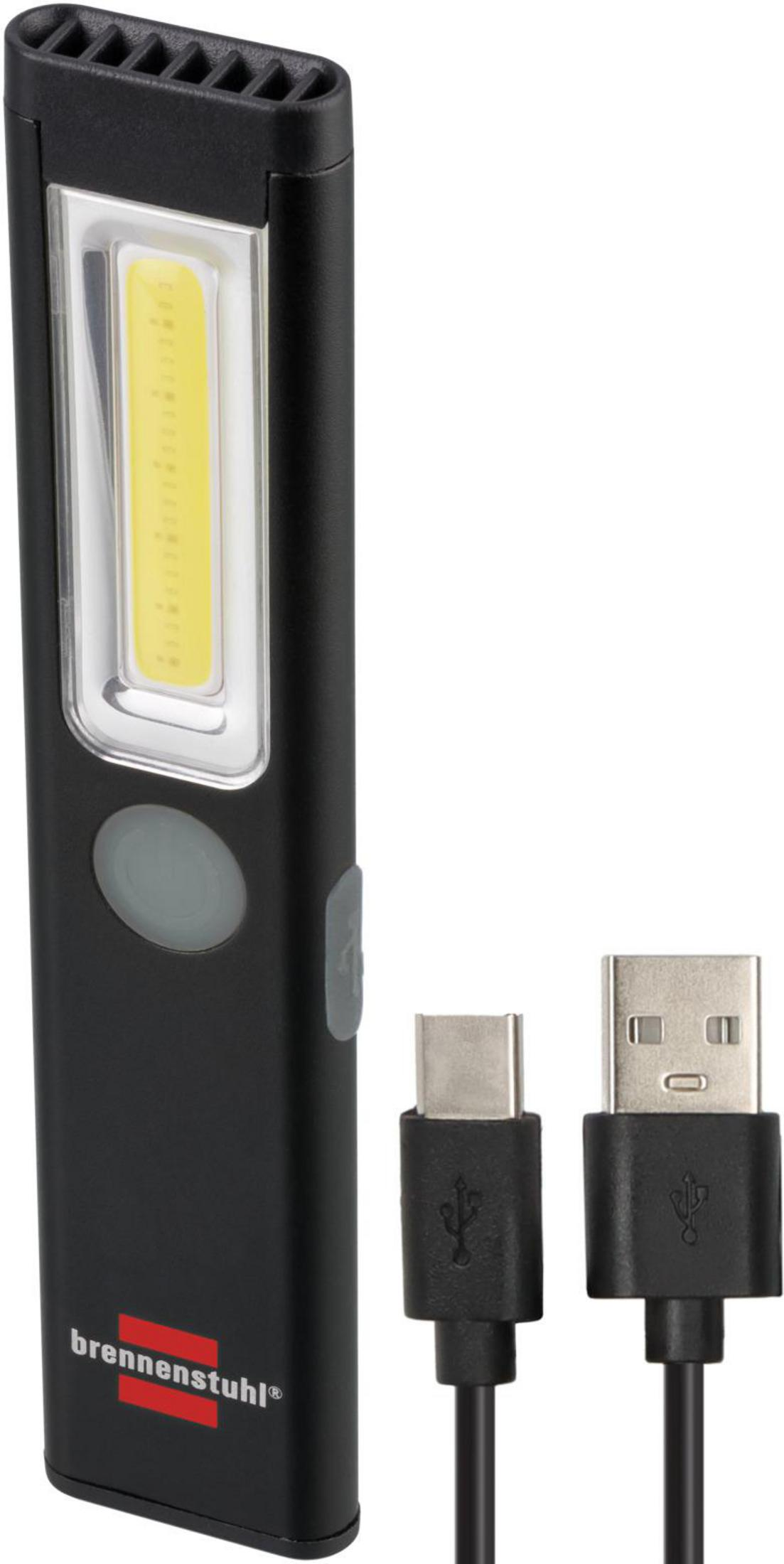 Eine schwarze Arbeitsleuchte mit einem USB-Kabel auf weißem Hintergrund.