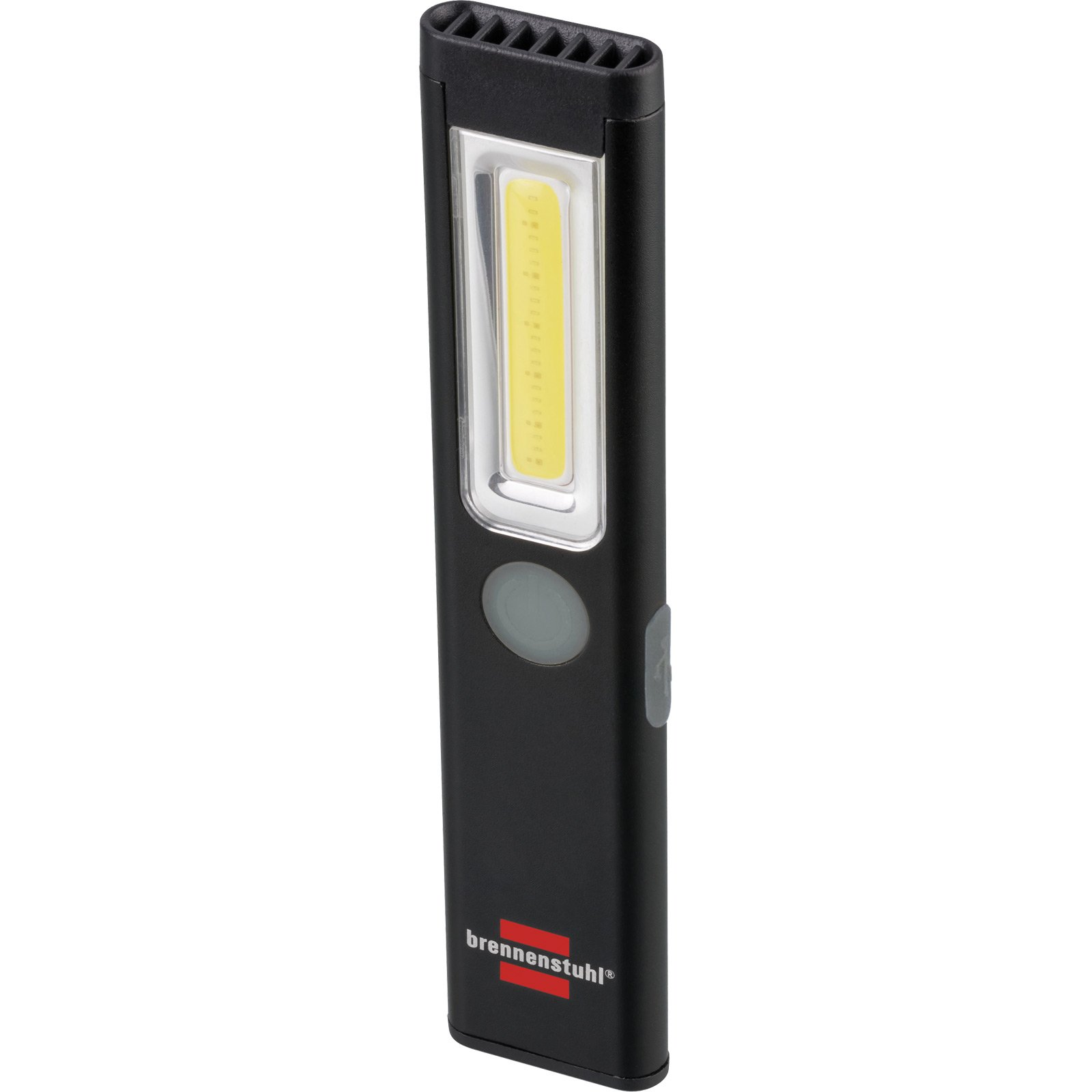 Eine schwarze Arbeitsleuchte mit gelbem Licht auf weißem Hintergrund.