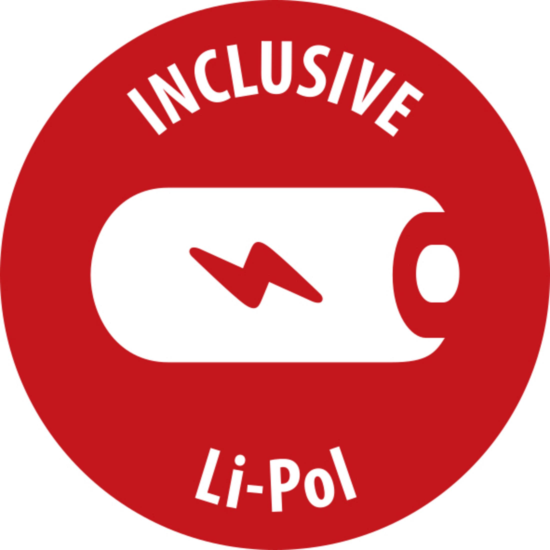 Roter Kreis mit einem weißen Batteriesymbol und dem Text „Inclusive Li-Pol“.
