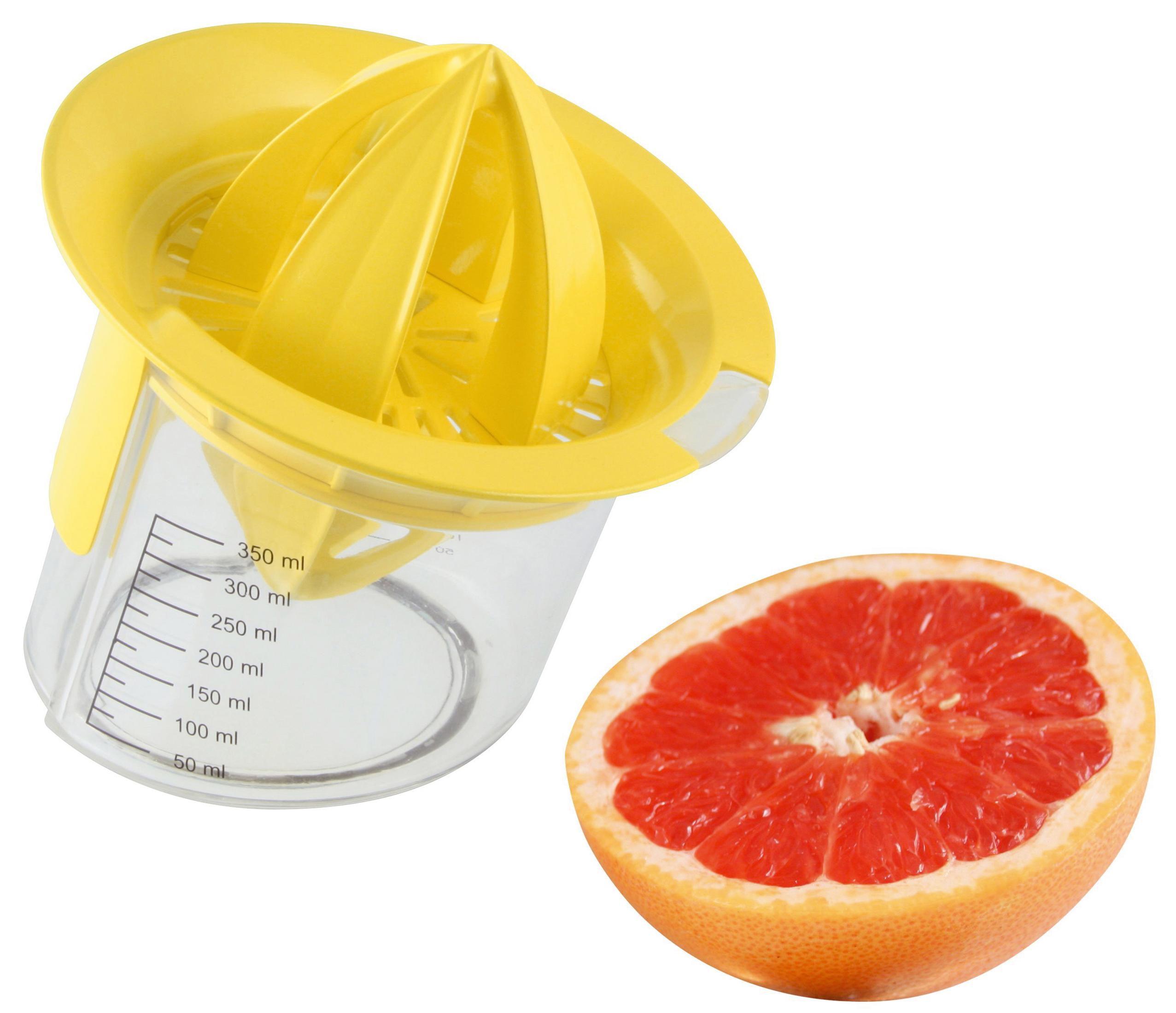 Eine gelbe Zitruspresse mit einem durchsichtigen Messbecher und einer halben Grapefruit.