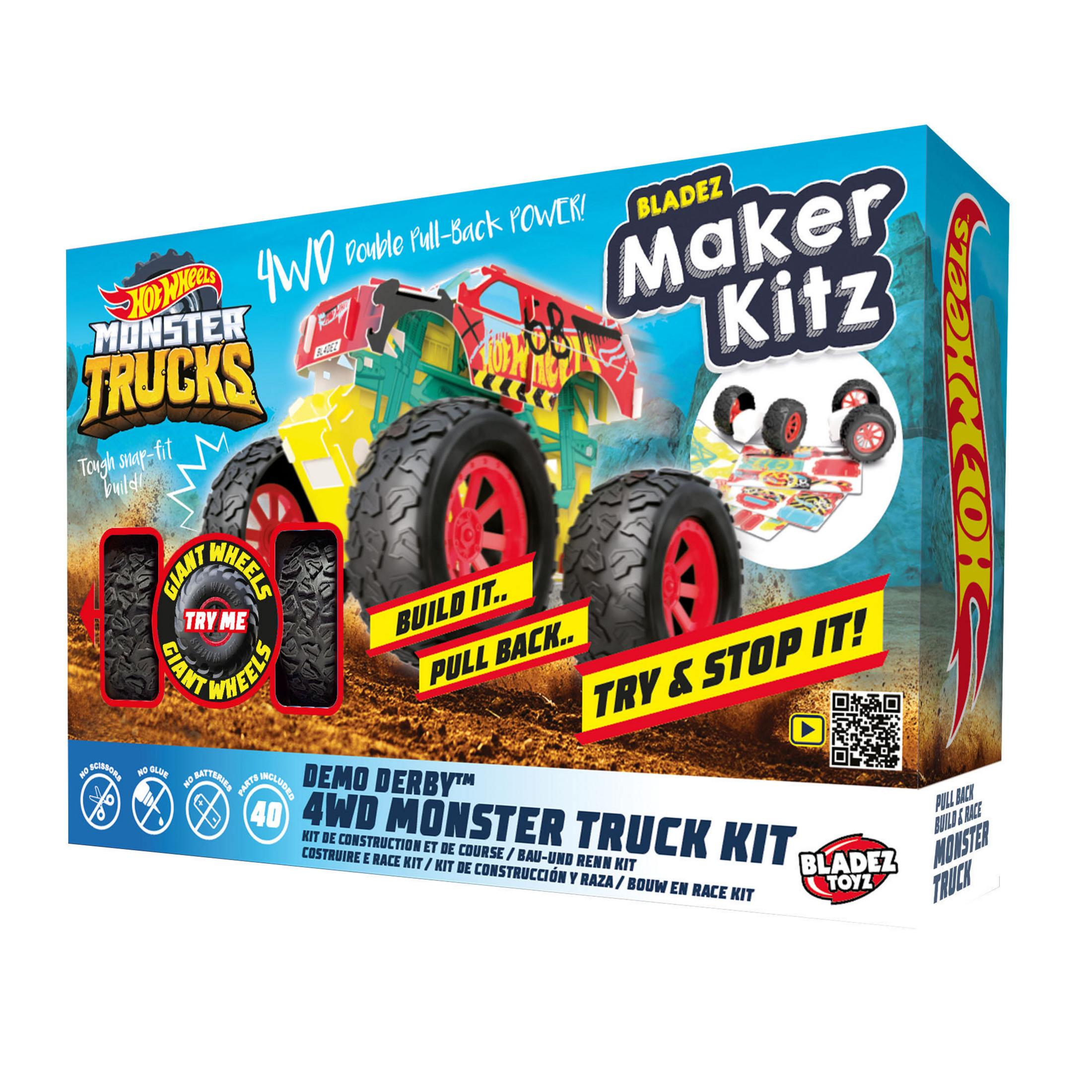 Eine Box für ein Hot Wheels Monster Trucks Set. Sie zeigt den Truck mit großen Rädern und Text.
