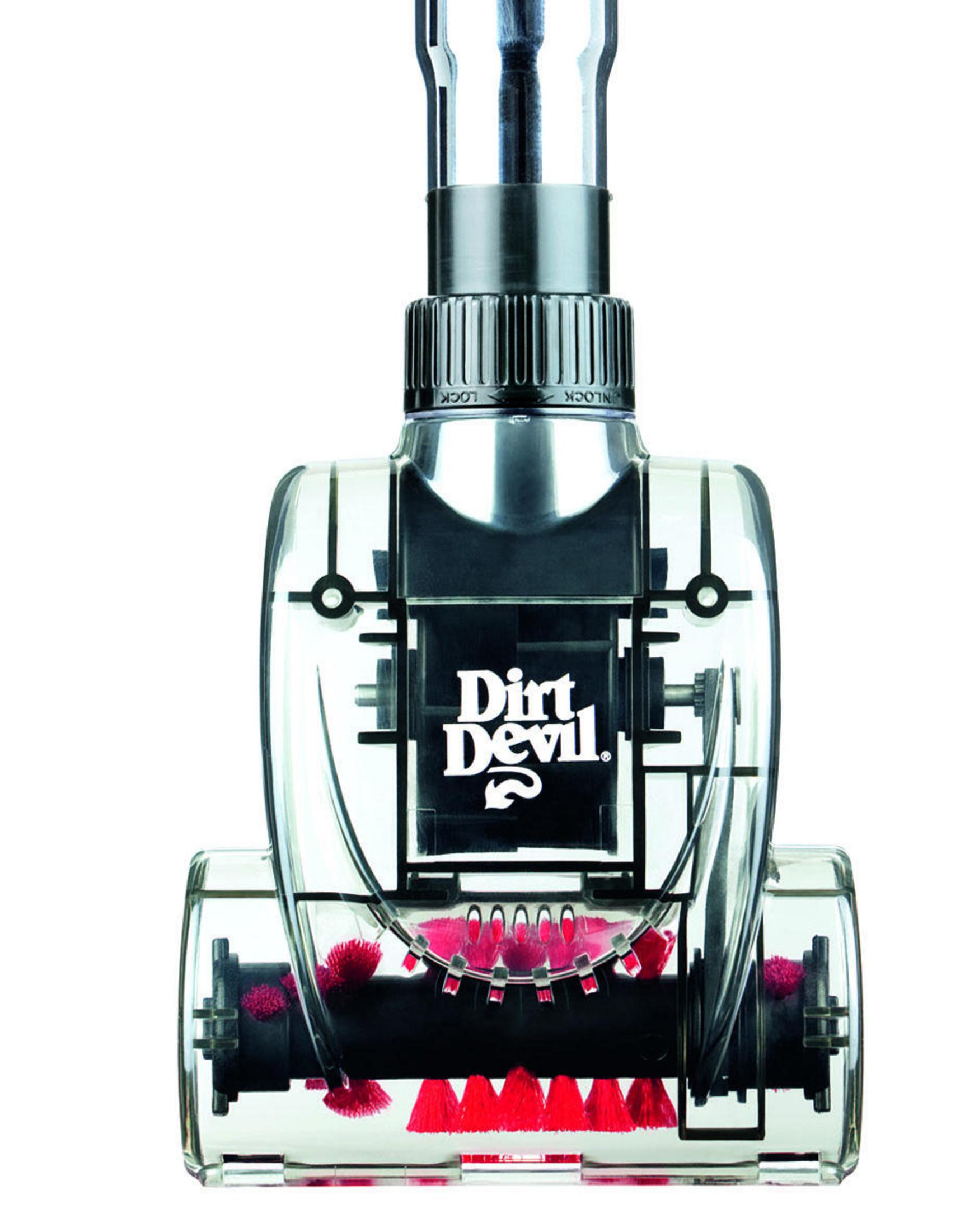 Una testina per aspirapolvere Dirt Devil trasparente con spazzole rosse, isolata su uno sfondo bianco.
