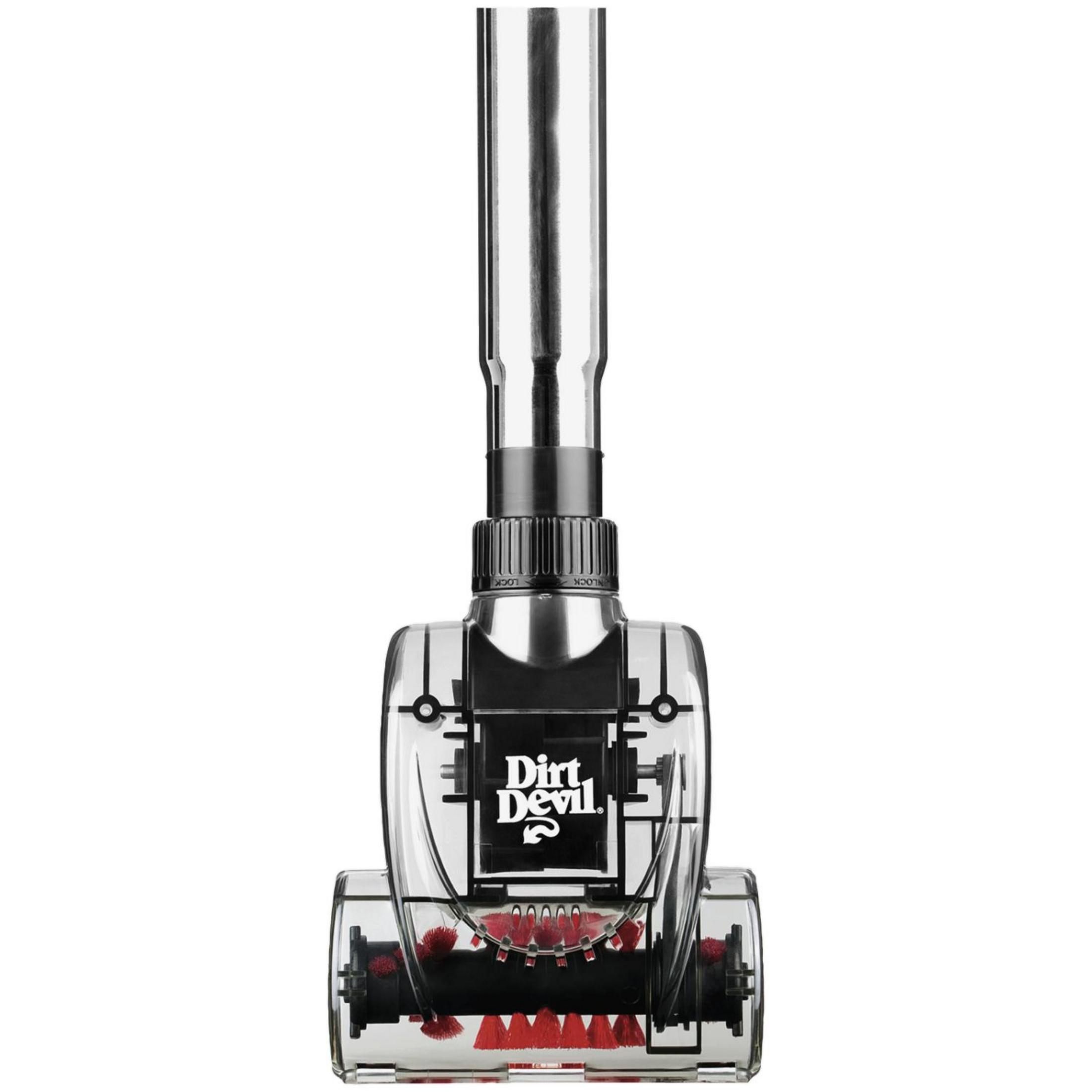 Una testina per aspirapolvere Dirt Devil trasparente con spazzole rosse, isolata su uno sfondo bianco, vista frontale.