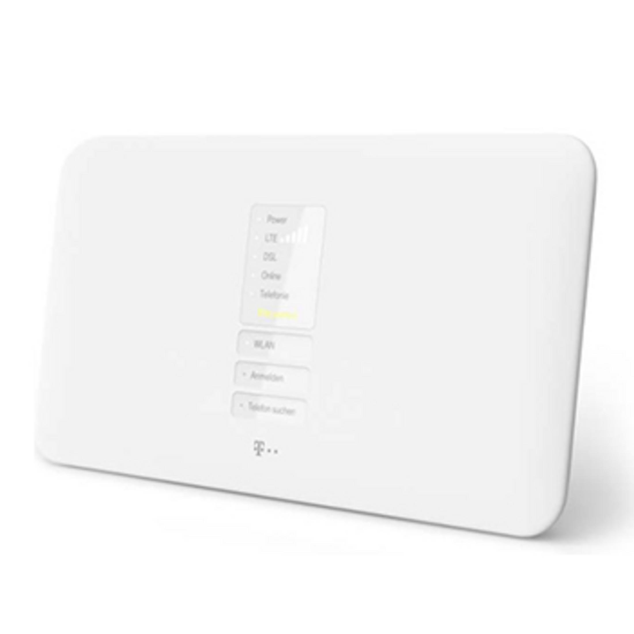 Weißer Router mit kleinem Bildschirm, der Status von Power, DSL, LTE, Online, WLAN zeigt.