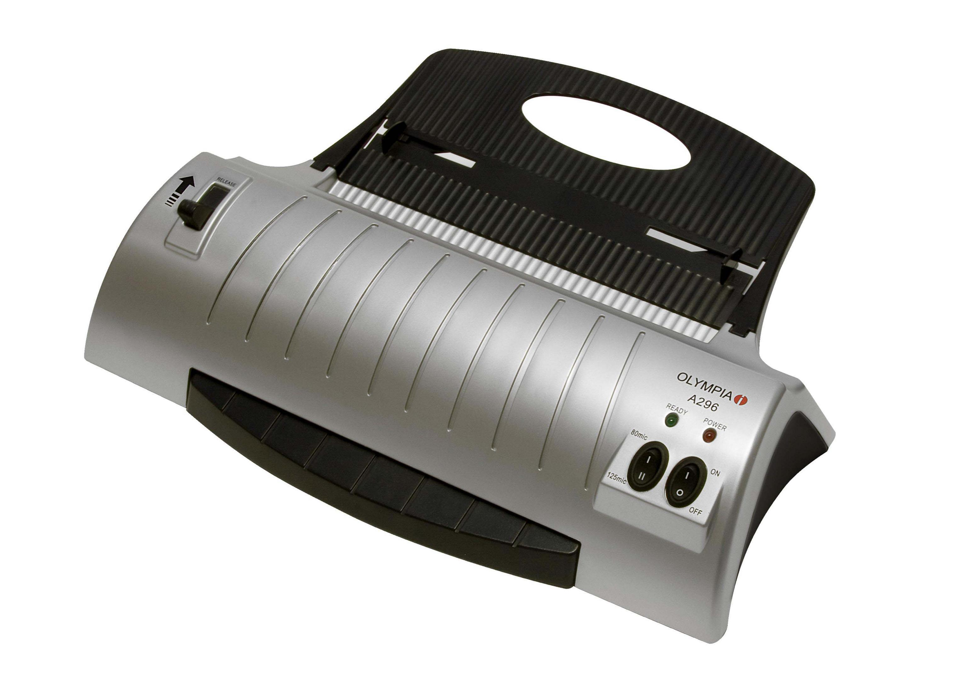 Silberner Olympia A296 Laminator mit schwarzen Akzenten auf weißem Hintergrund.