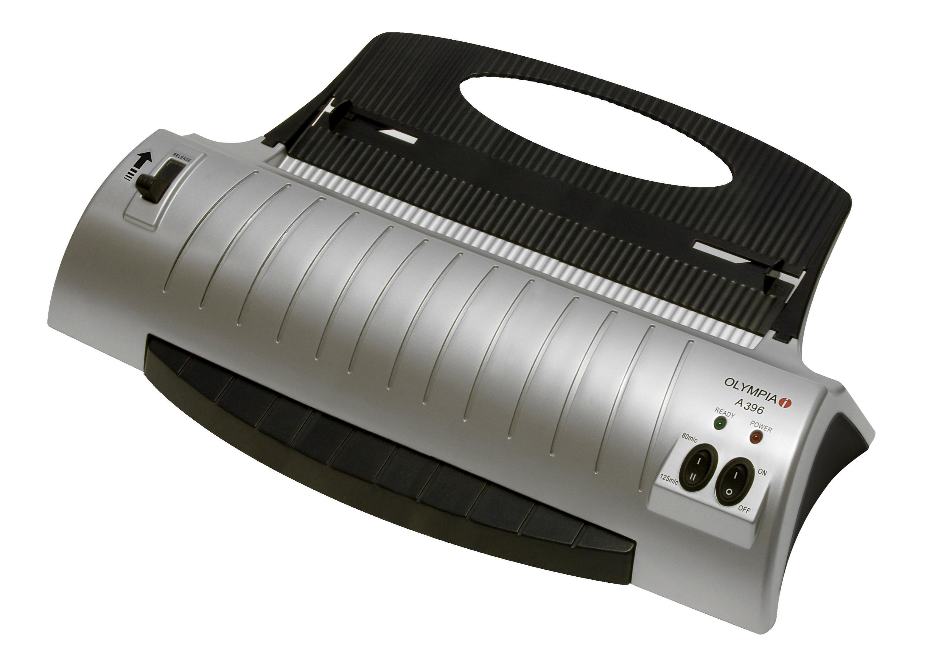 Ein silberner Olympia A 396 Laminator mit schwarzen Akzenten ist vor einem weißen Hintergrund abgewinkelt.